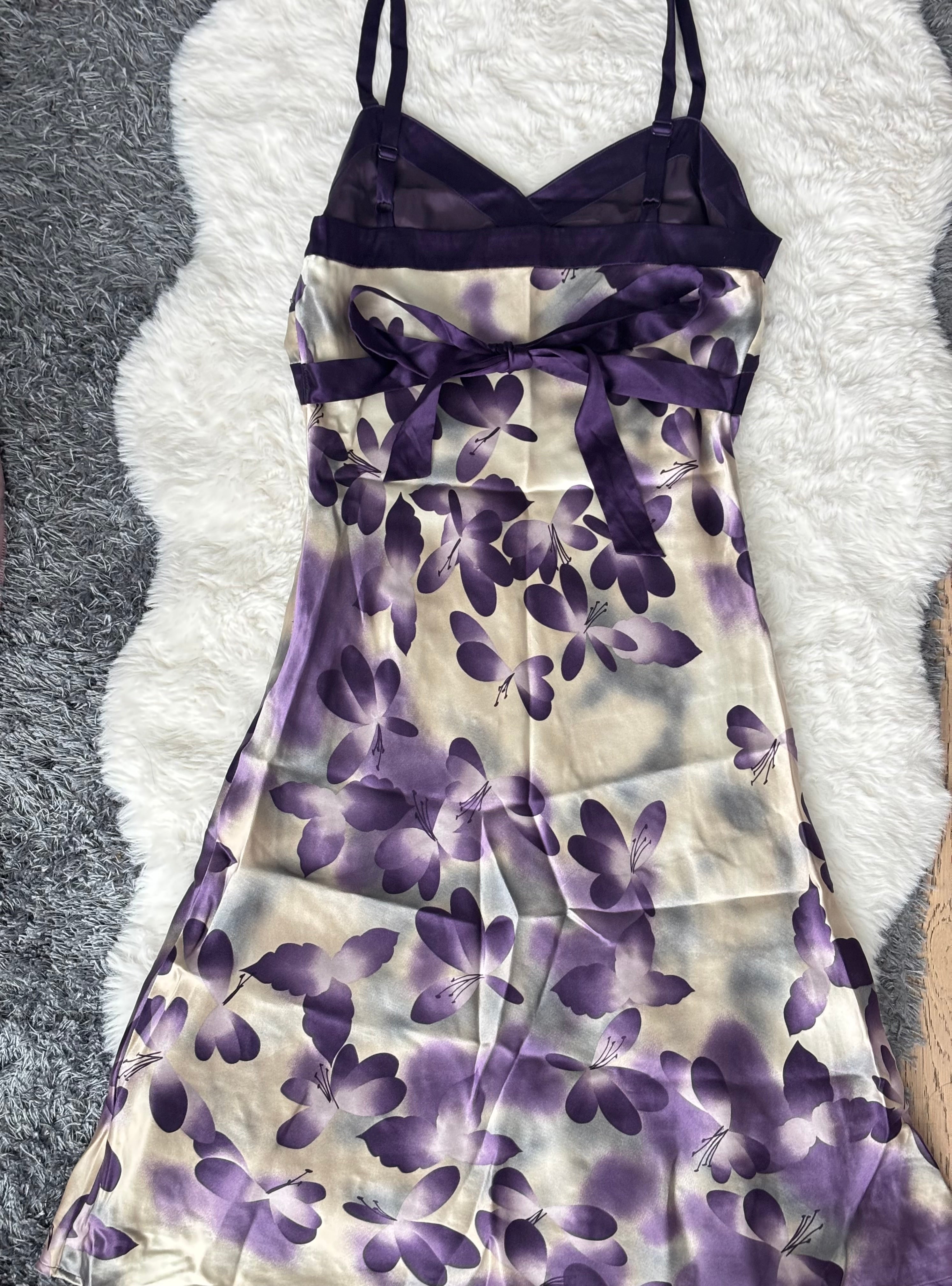 Vintage 2000s Oasis Purple Butterfly Floral Beaded Silk Dress