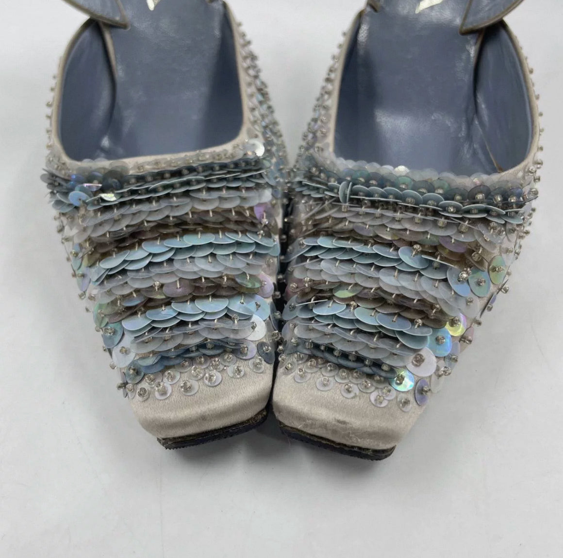 Prada 1999 FW Bluish Silver Ombre Sequin Slingback Heels in satin