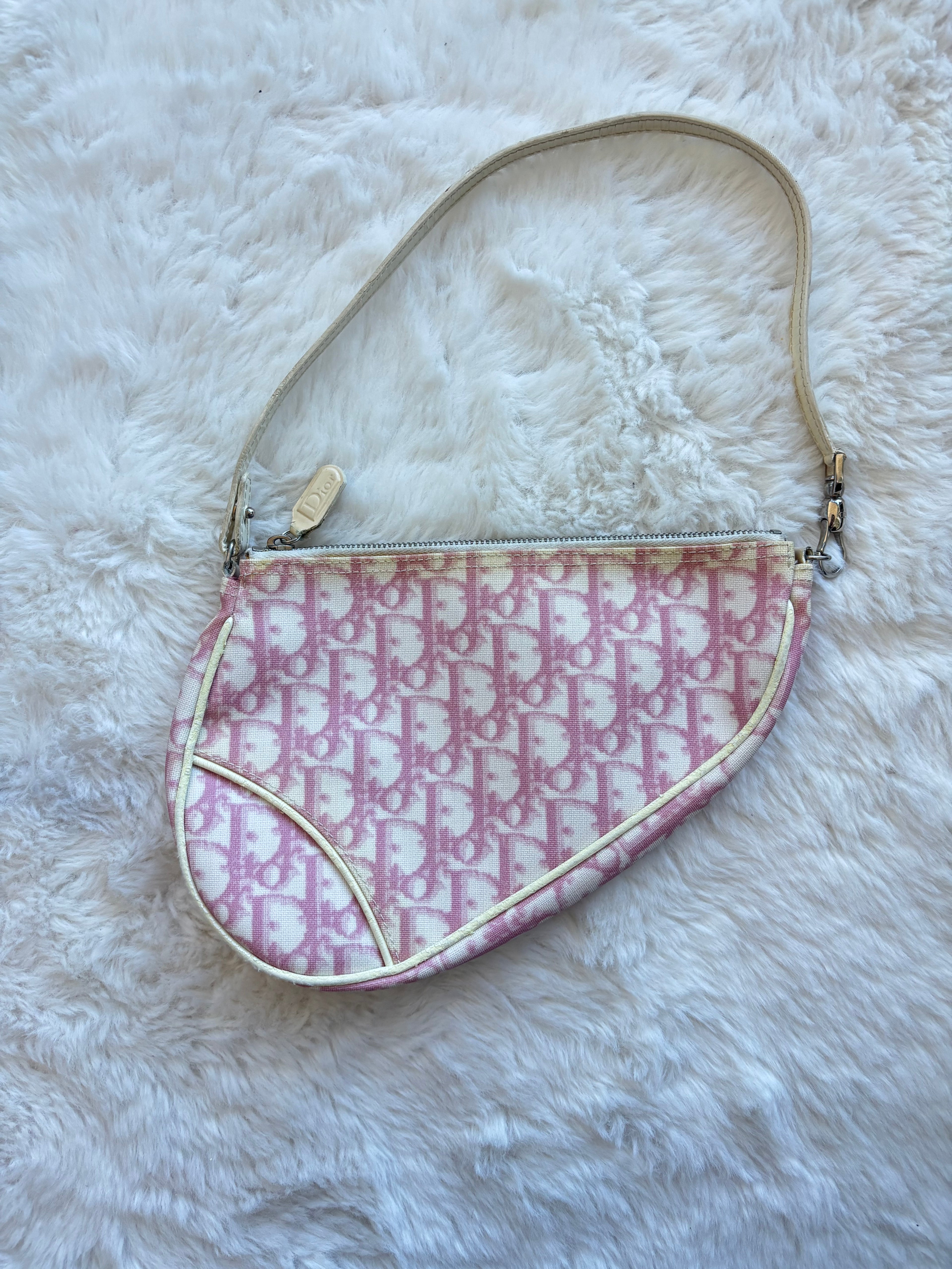 Vintage Christian Dior Classic Pink & White Monogram Saddle Pochette Bag