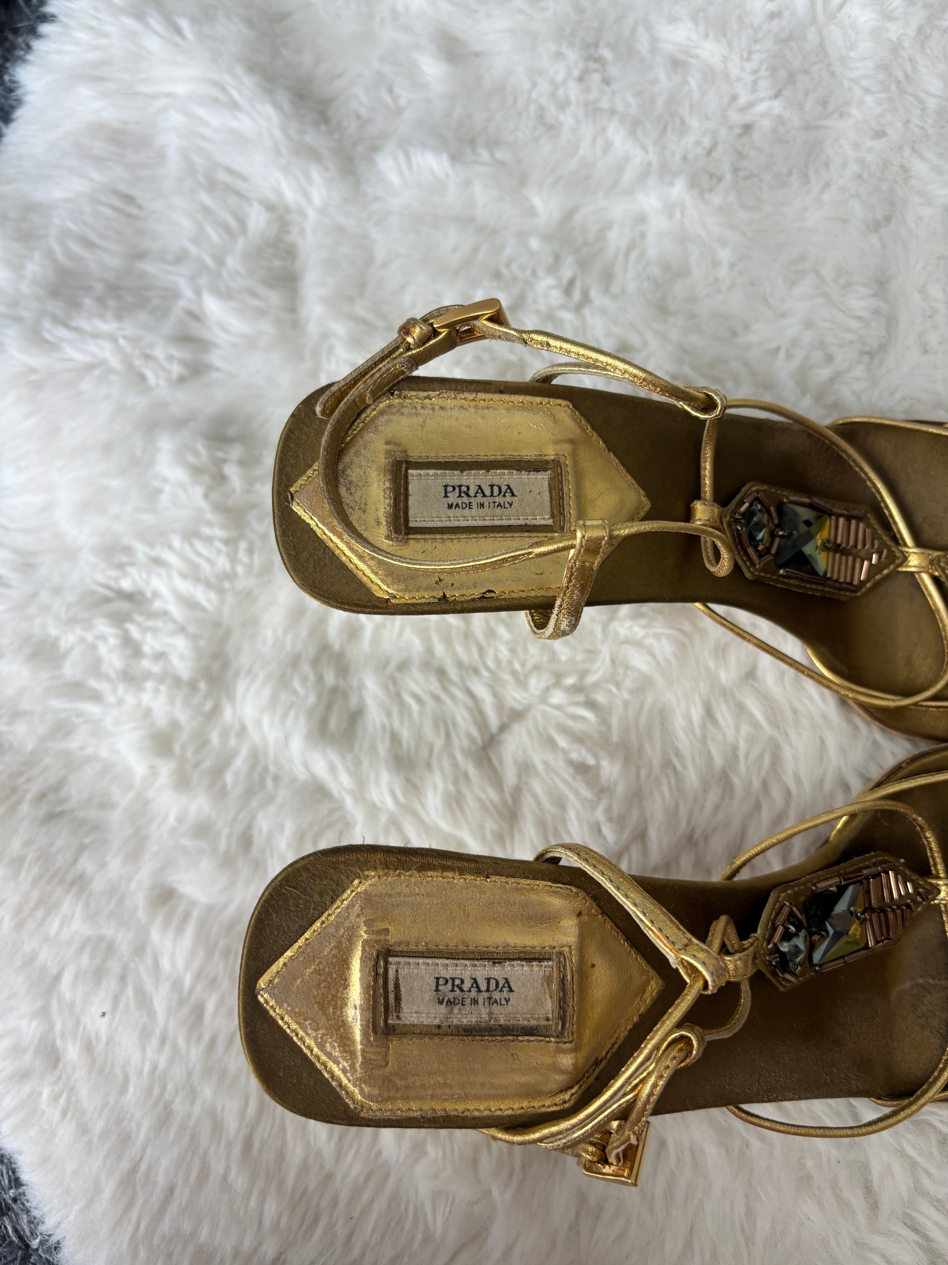 Rare Prada gold sandals with crystal embellishments