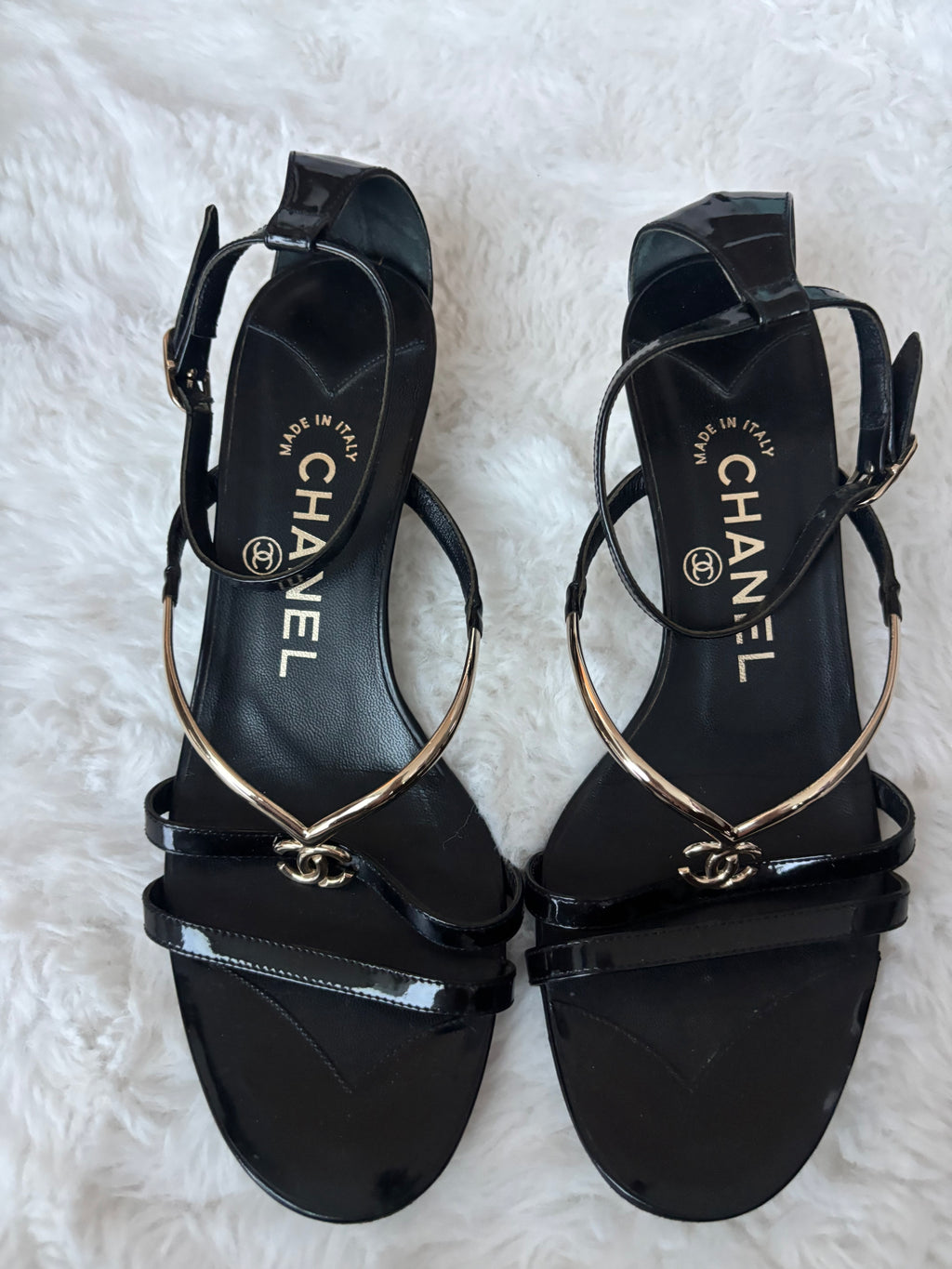 Chanel Black Patent Leather Sandals with CC Logo Gold Hardware Size 36C