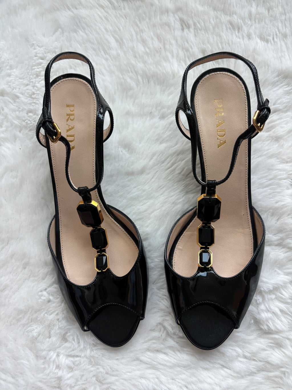 Prada Black Crystal Patent Leather Heels with gold hardware
