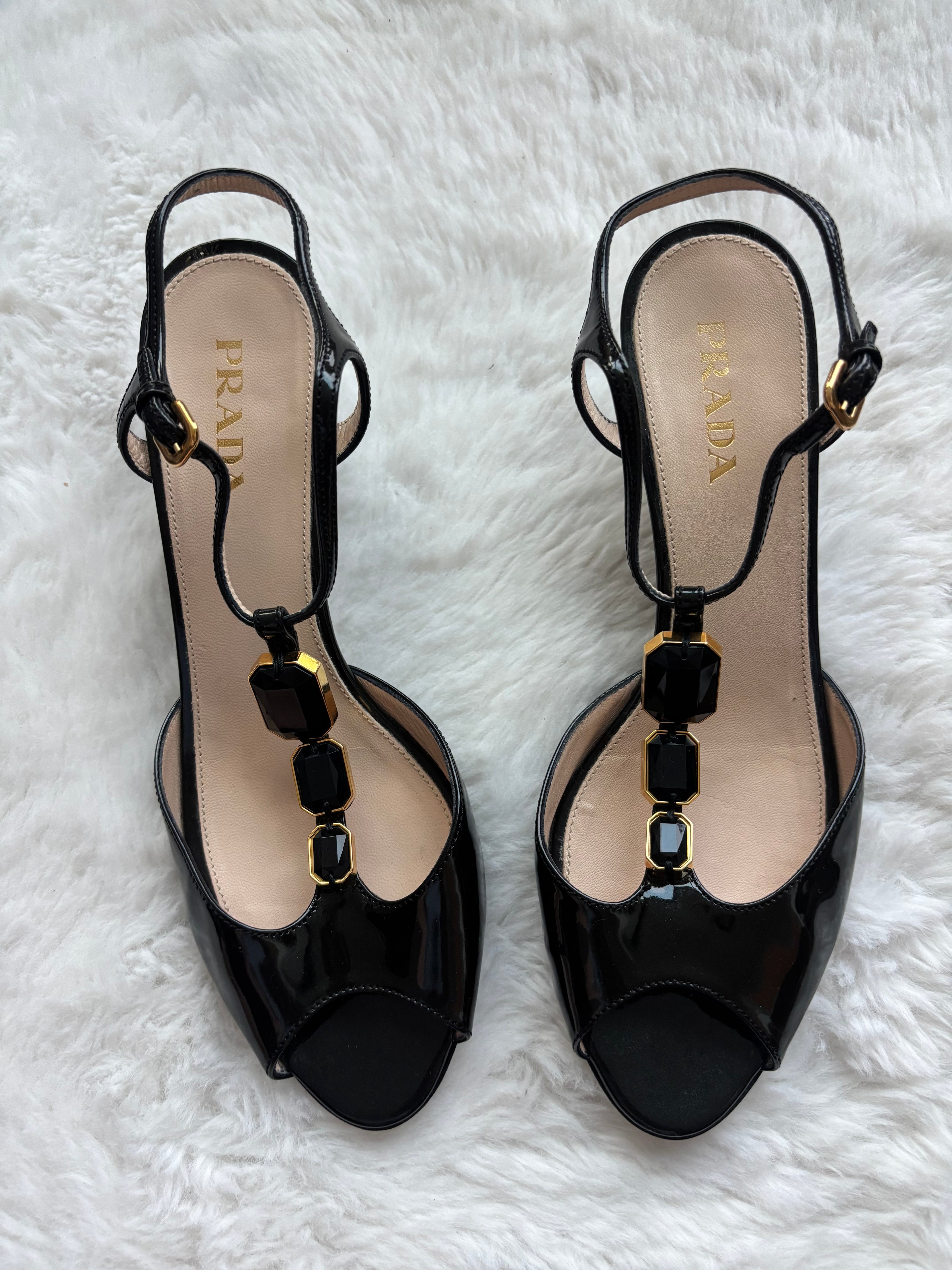 Prada Black Crystal Patent Leather Heels with gold hardware