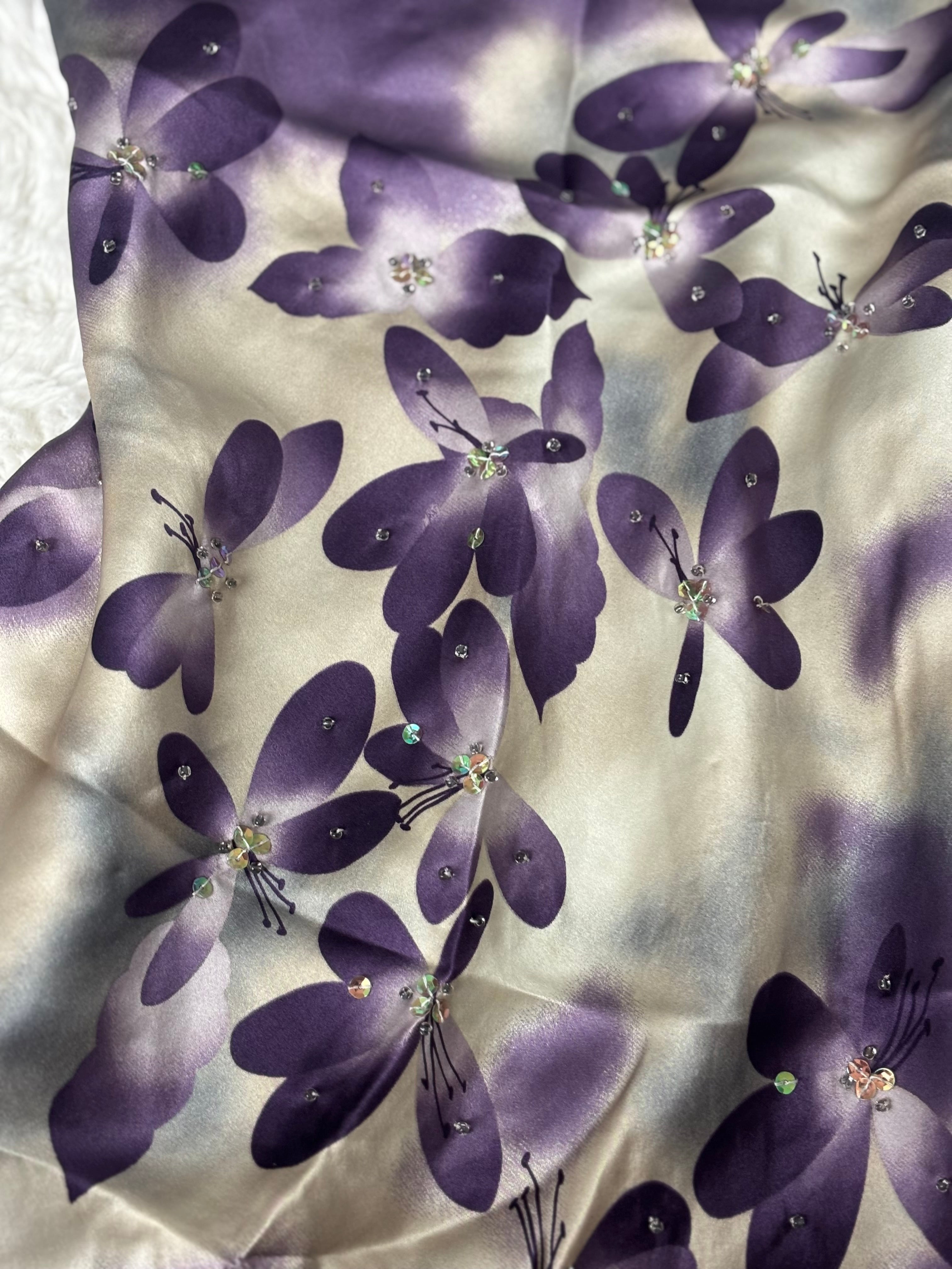 Vintage 2000s Oasis Purple Butterfly Floral Beaded Silk Dress
