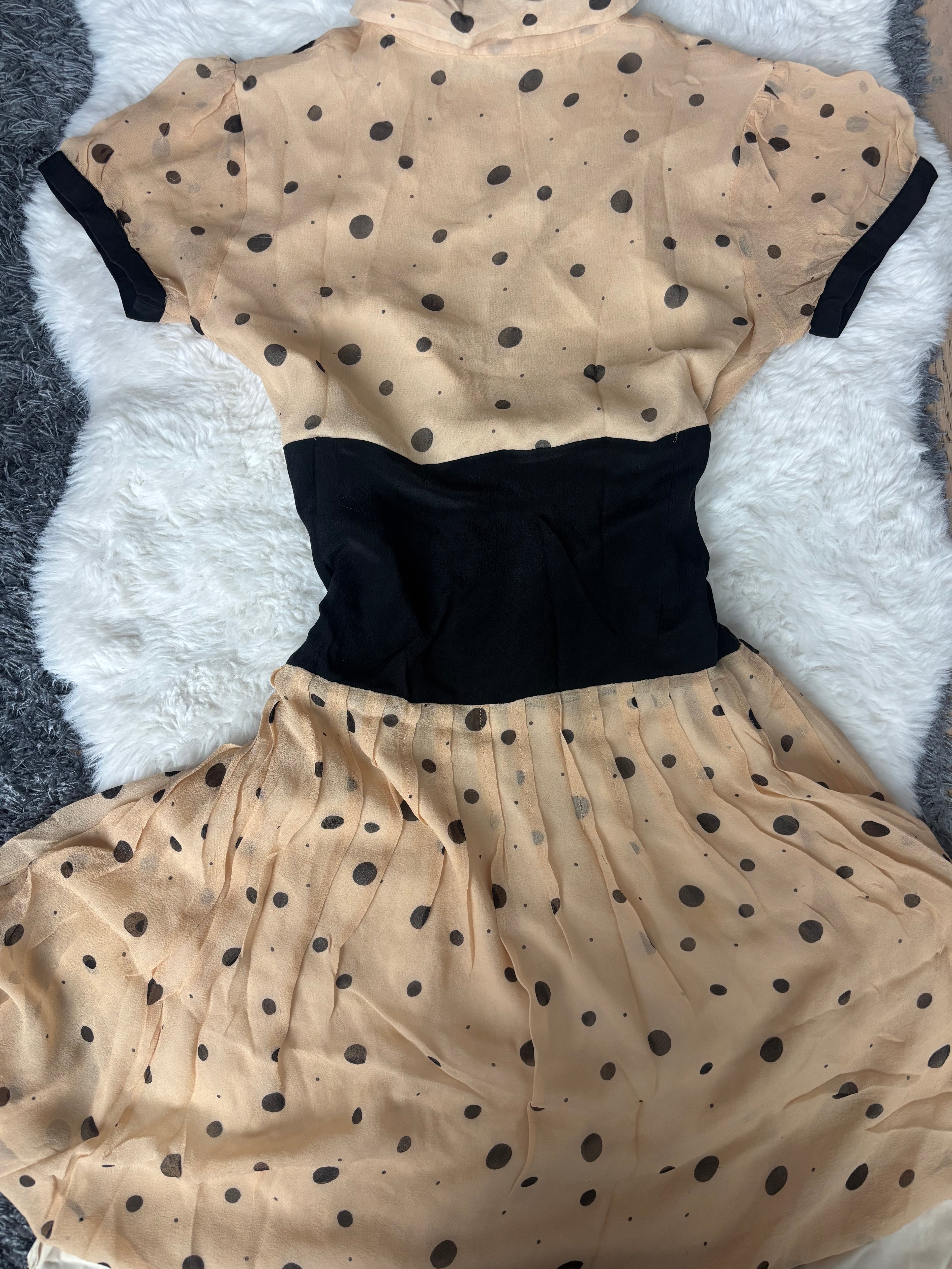 Vintage Chloé Beige Polka Dot Silk Dress with Corset Design