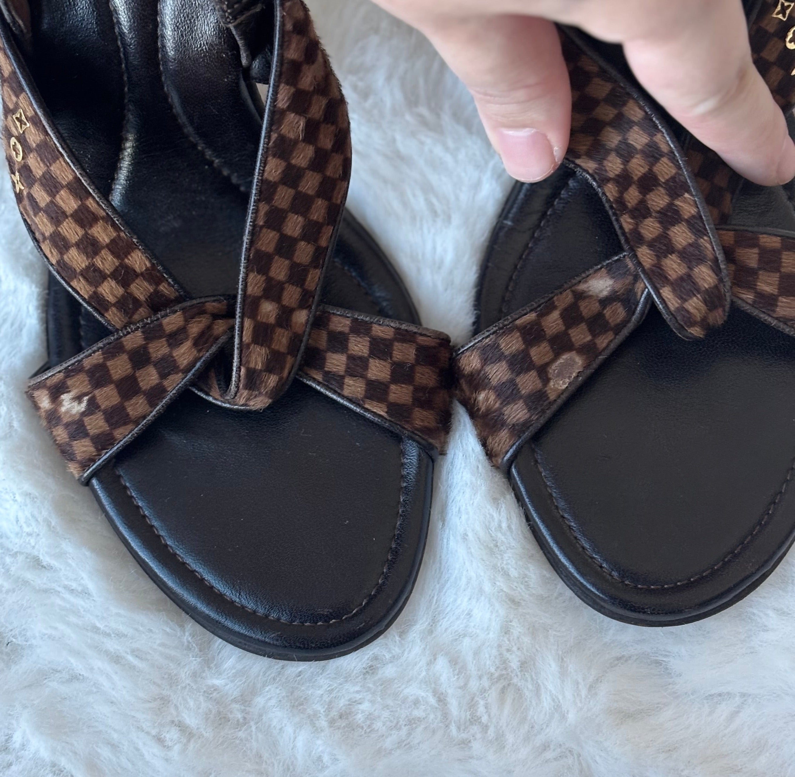 Louis Vuitton Damier Ebene Print Pony hair Slingback Sandals