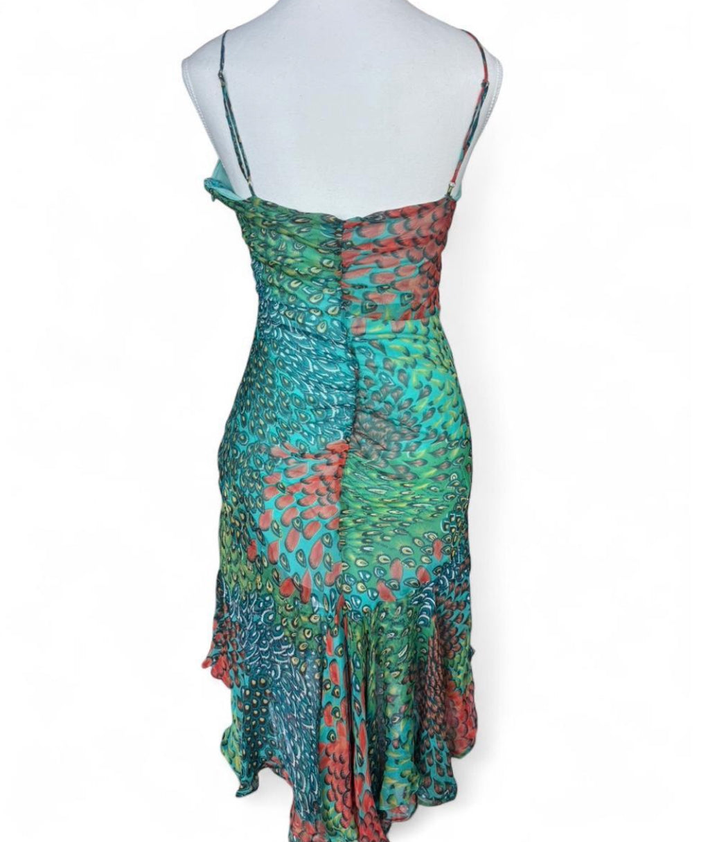 BCBGMAXAZRIA Iconic Green/Teal Peacock Asymmetrical Mermaid Silk Dress