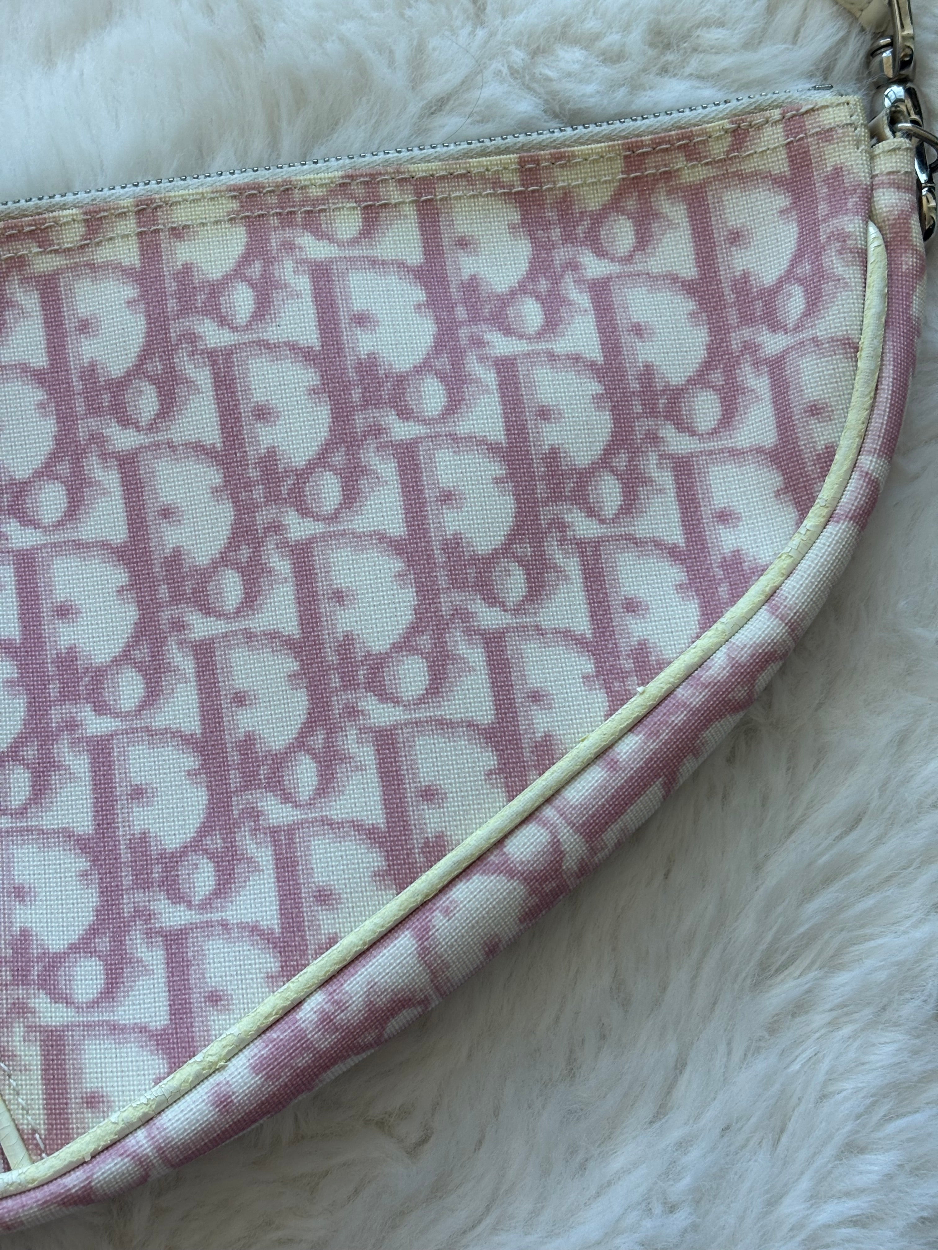 Vintage Christian Dior Classic Pink & White Monogram Saddle Pochette Bag