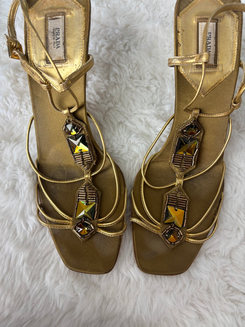 Rare Prada gold sandals with crystal embellishments