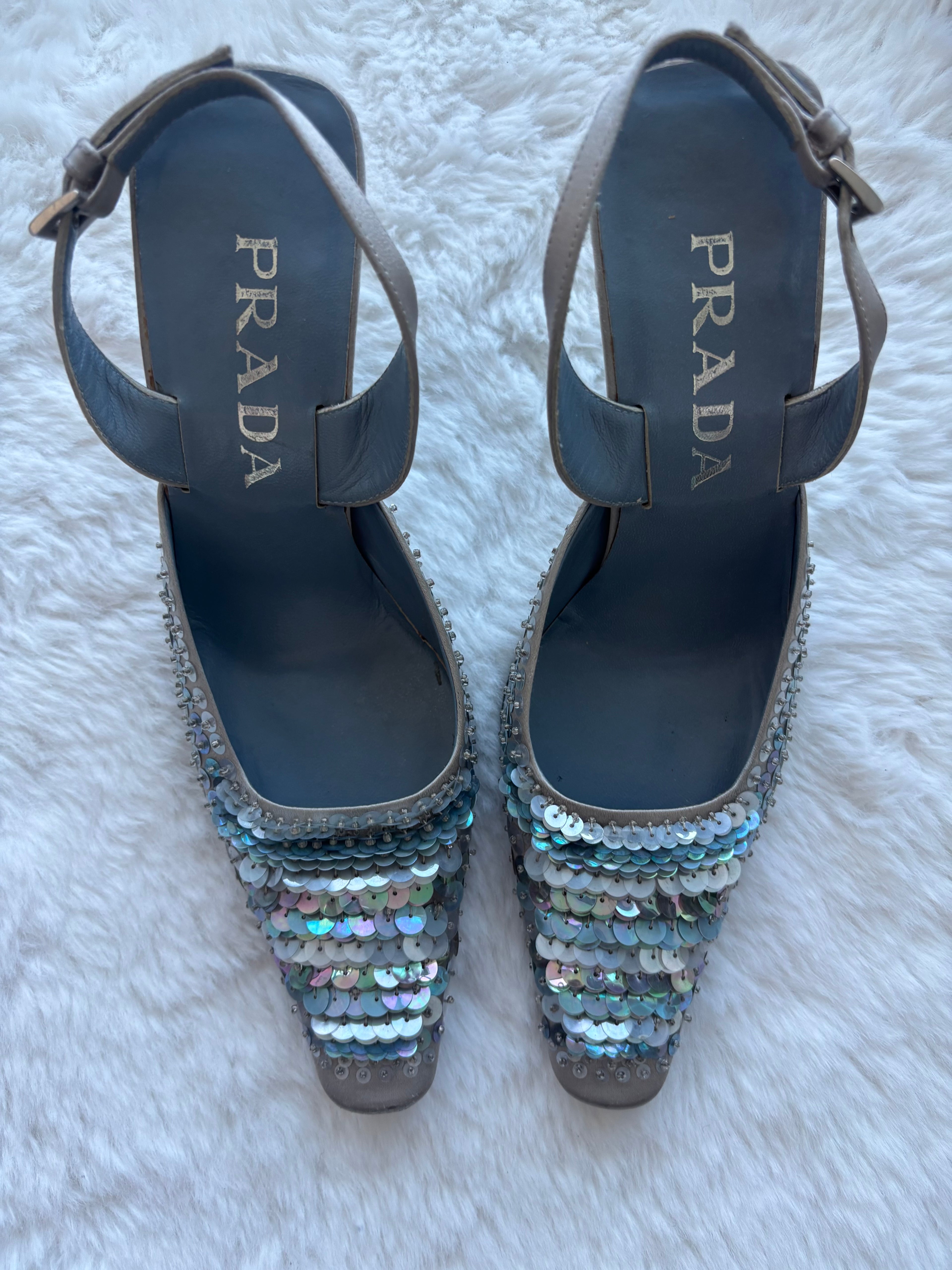 Prada 1999 FW Bluish Silver Ombre Sequin Slingback Heels in satin Size 36/37
