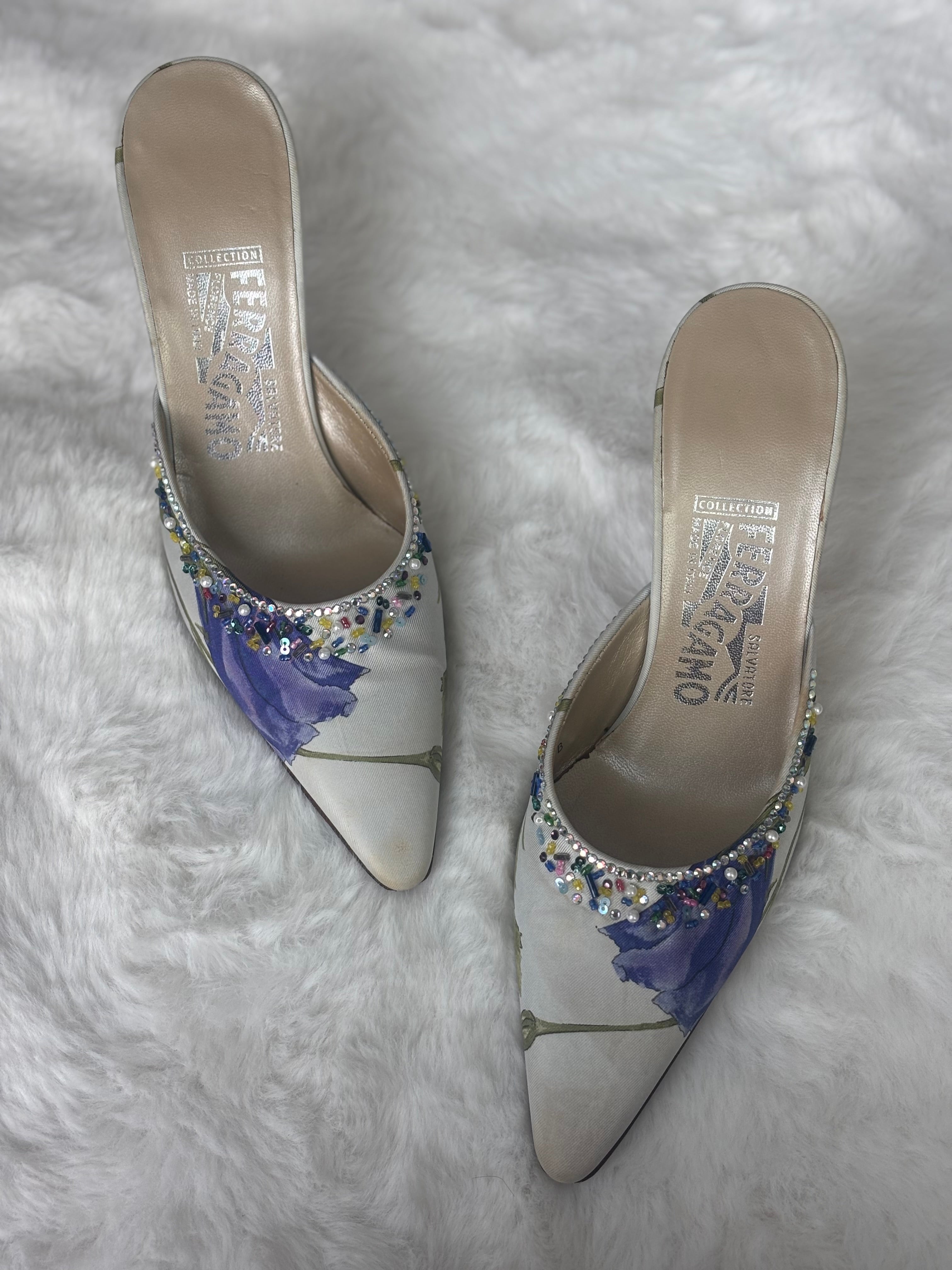 Vintage Salvatore Ferragamo Floral Beaded Mules