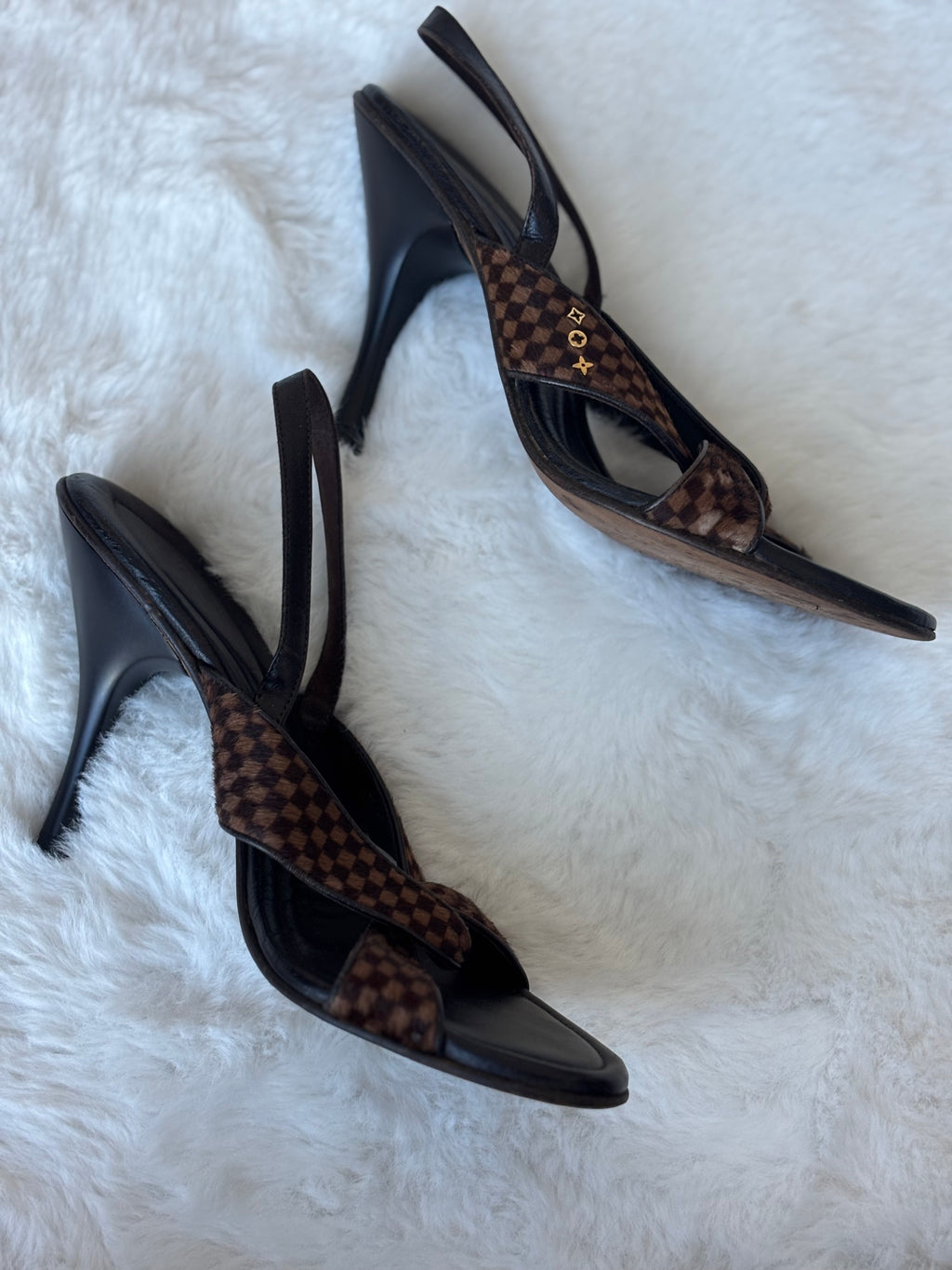 Louis Vuitton Damier Ebene Print Pony hair Slingback Sandals