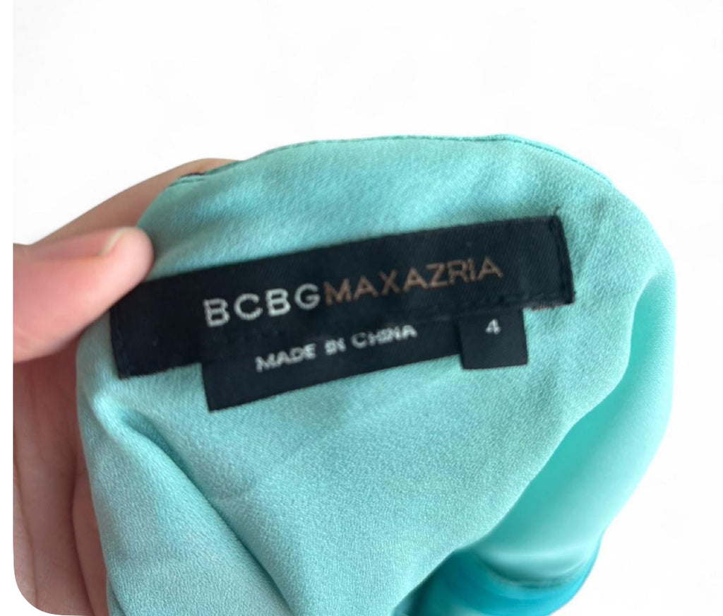 BCBGMAXAZRIA Iconic Green/Teal Peacock Asymmetrical Mermaid Silk Dress