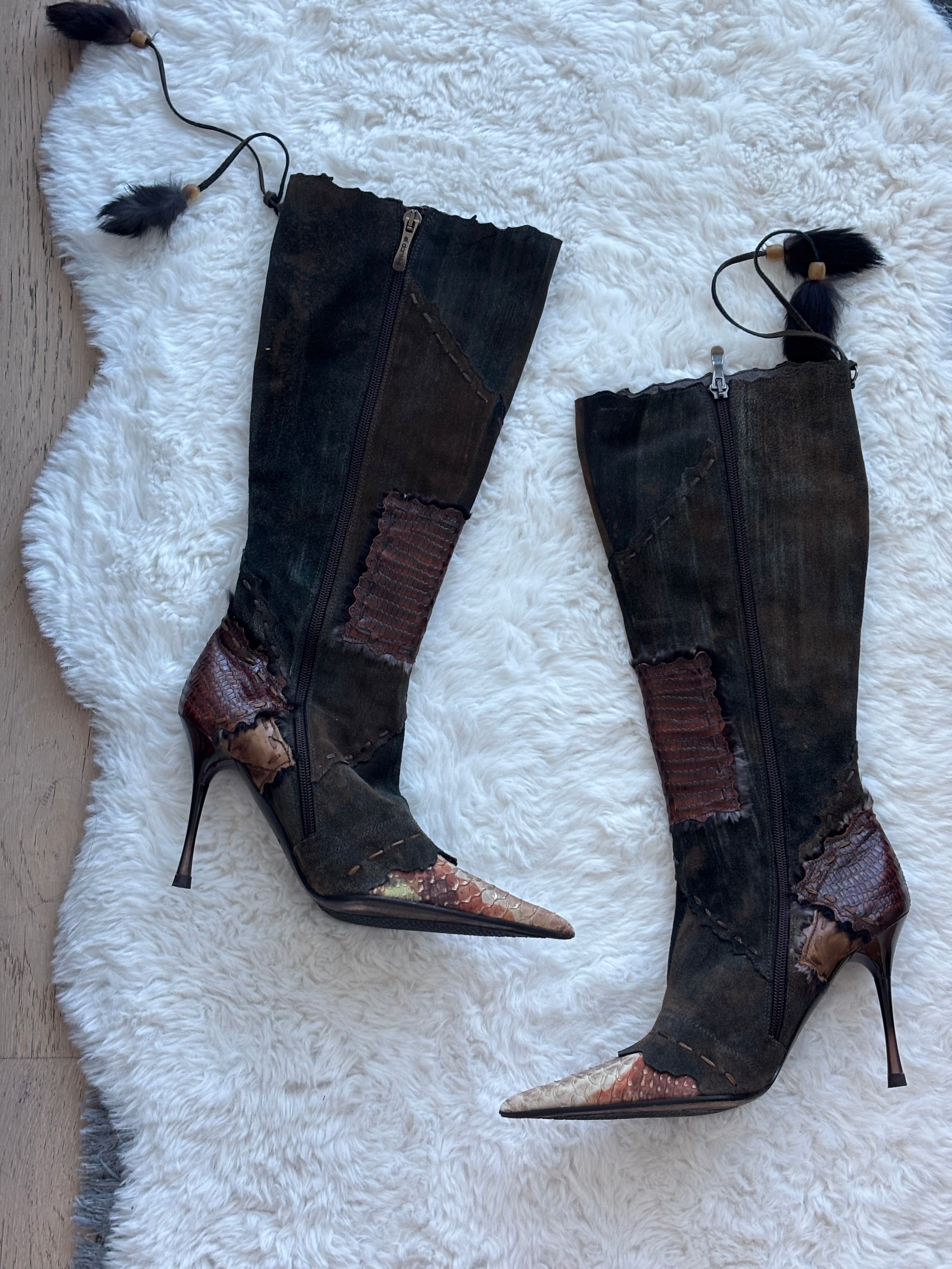 El Dante Extremely Rare Brown and Black Suede & Snake Skin Leather Patchwork Boots Size 37