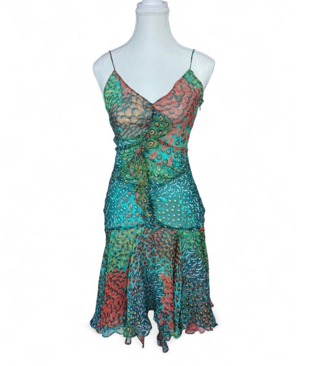BCBGMAXAZRIA Iconic Green/Teal Peacock Asymmetrical Mermaid Silk Dress