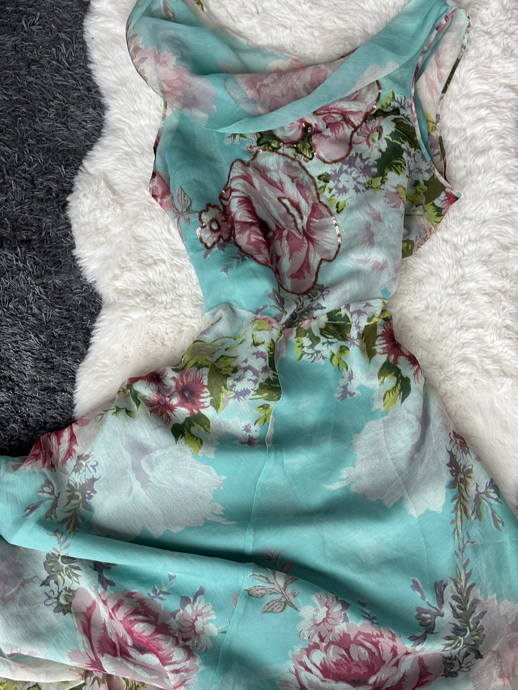 René Derhy Blue Watercolour Floral beaded Dress