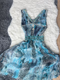 Vintage Handmade Blue and Black Leopard Print Ocean theme Silk Dress with crystal and beaded details
