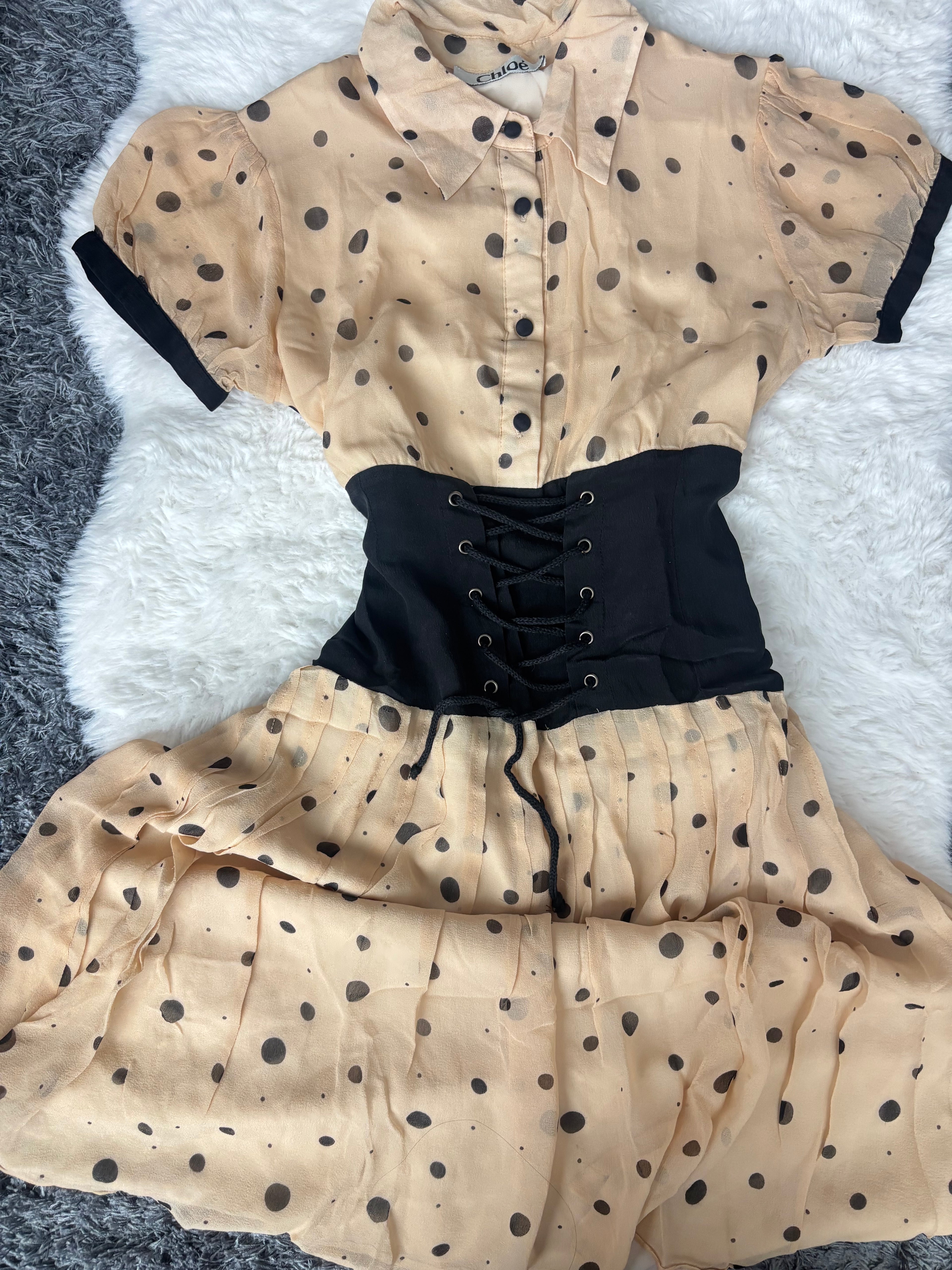 Vintage Chloé Beige Polka Dot Silk Dress with Corset Design