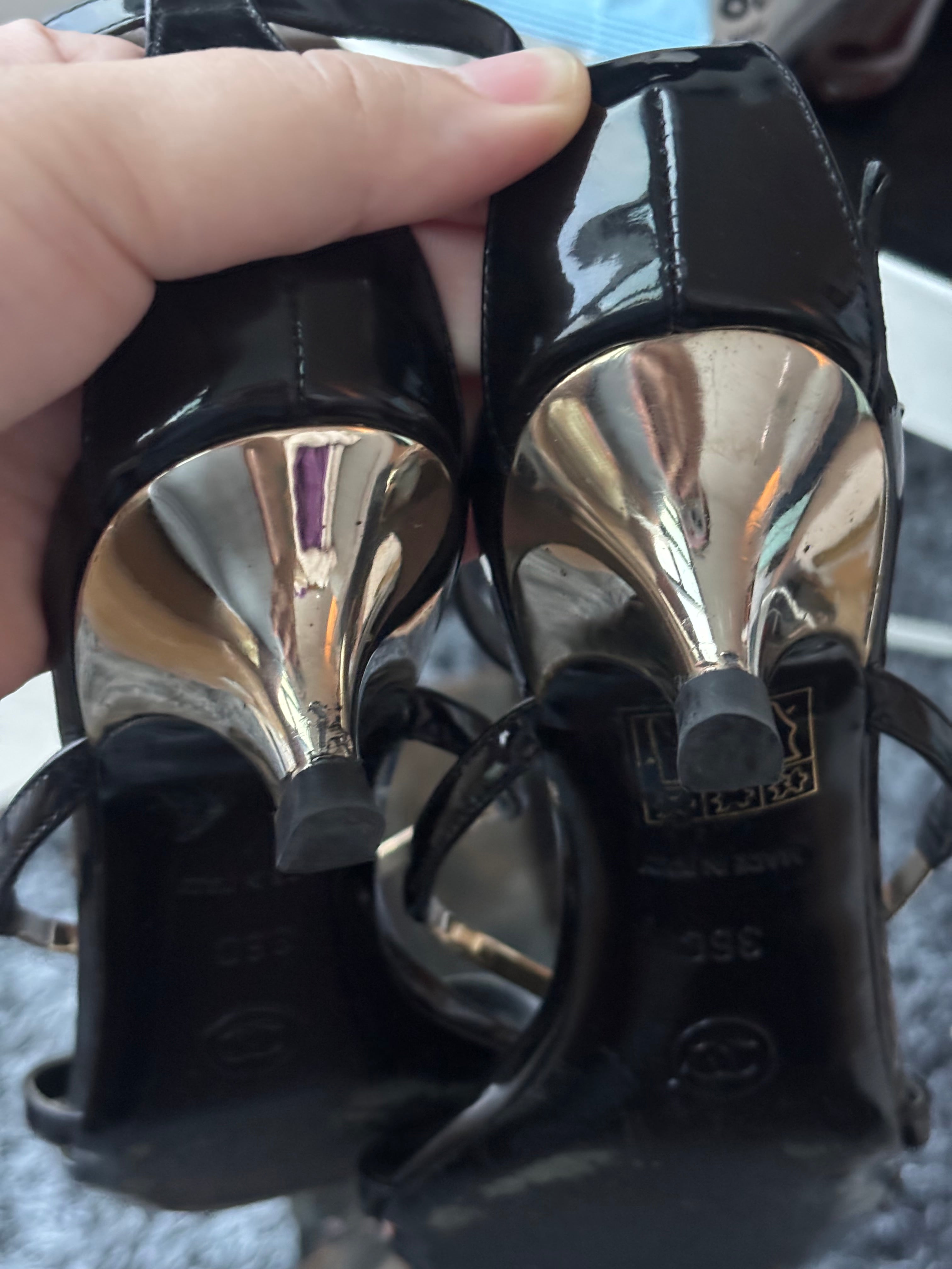 Chanel Black Patent Leather Sandals with CC Logo Gold Hardware Size 36C