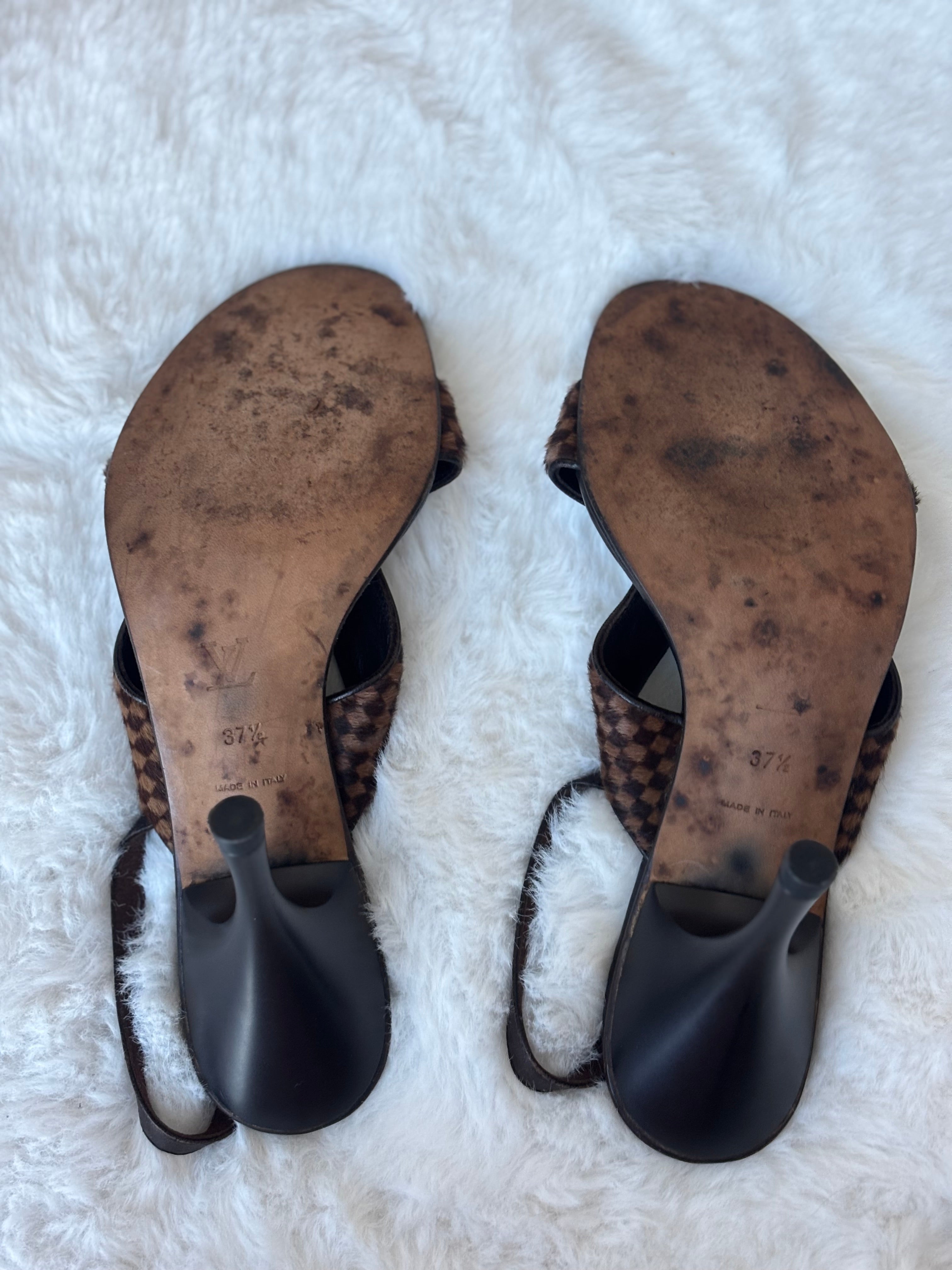 Louis Vuitton Damier Ebene Print Pony hair Slingback Sandals