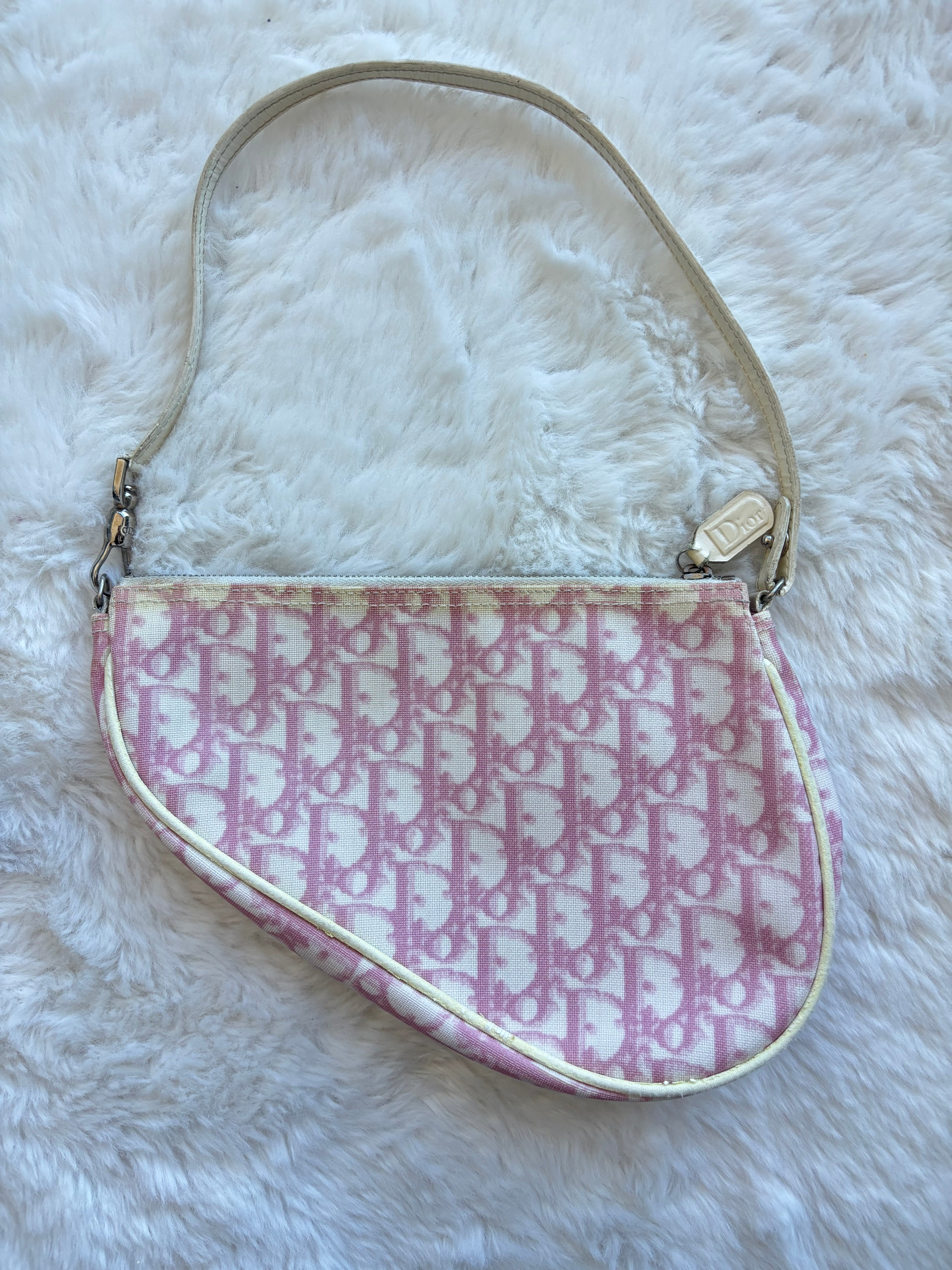 Vintage Christian Dior Classic Pink & White Monogram Saddle Pochette Bag