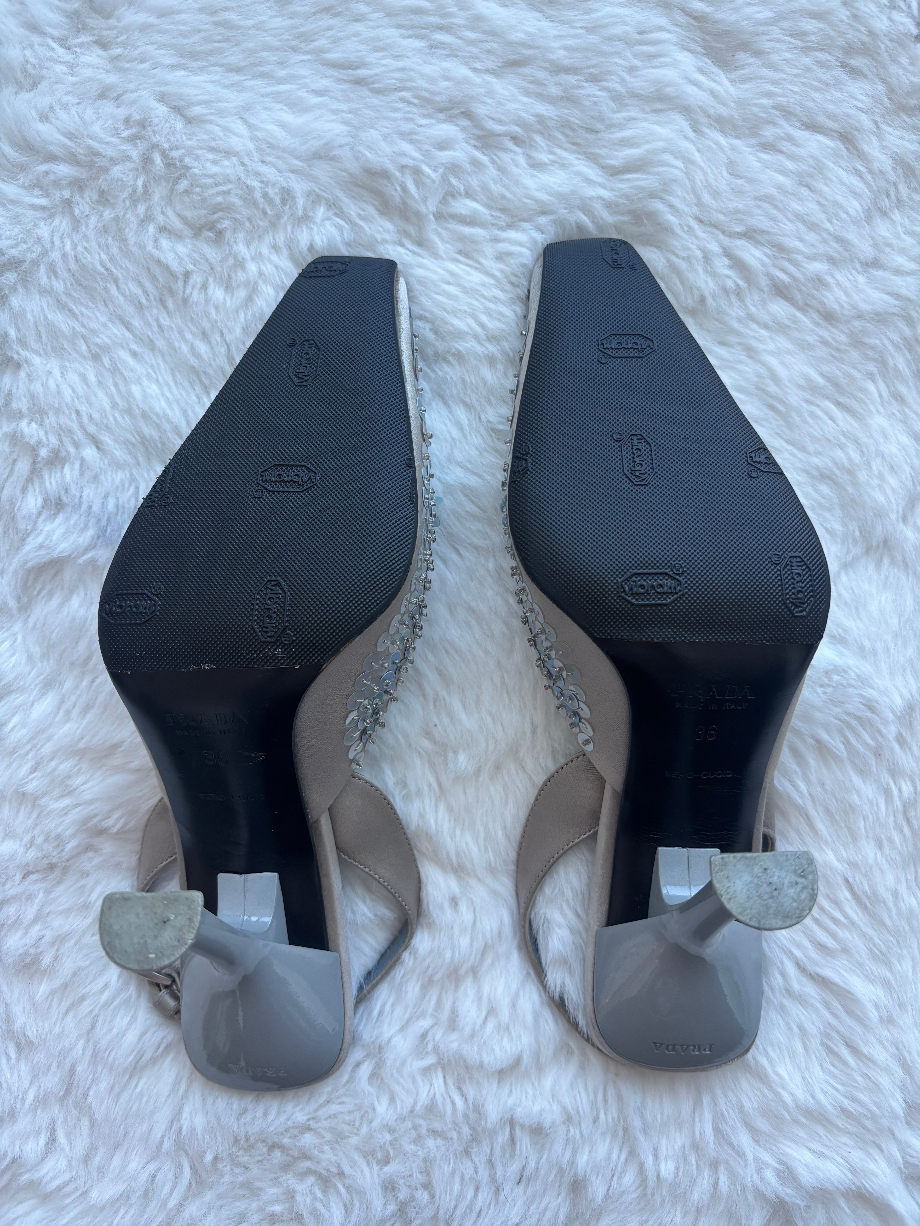 Prada 1999 FW Bluish Silver Ombre Sequin Slingback Heels in satin Size 36/37