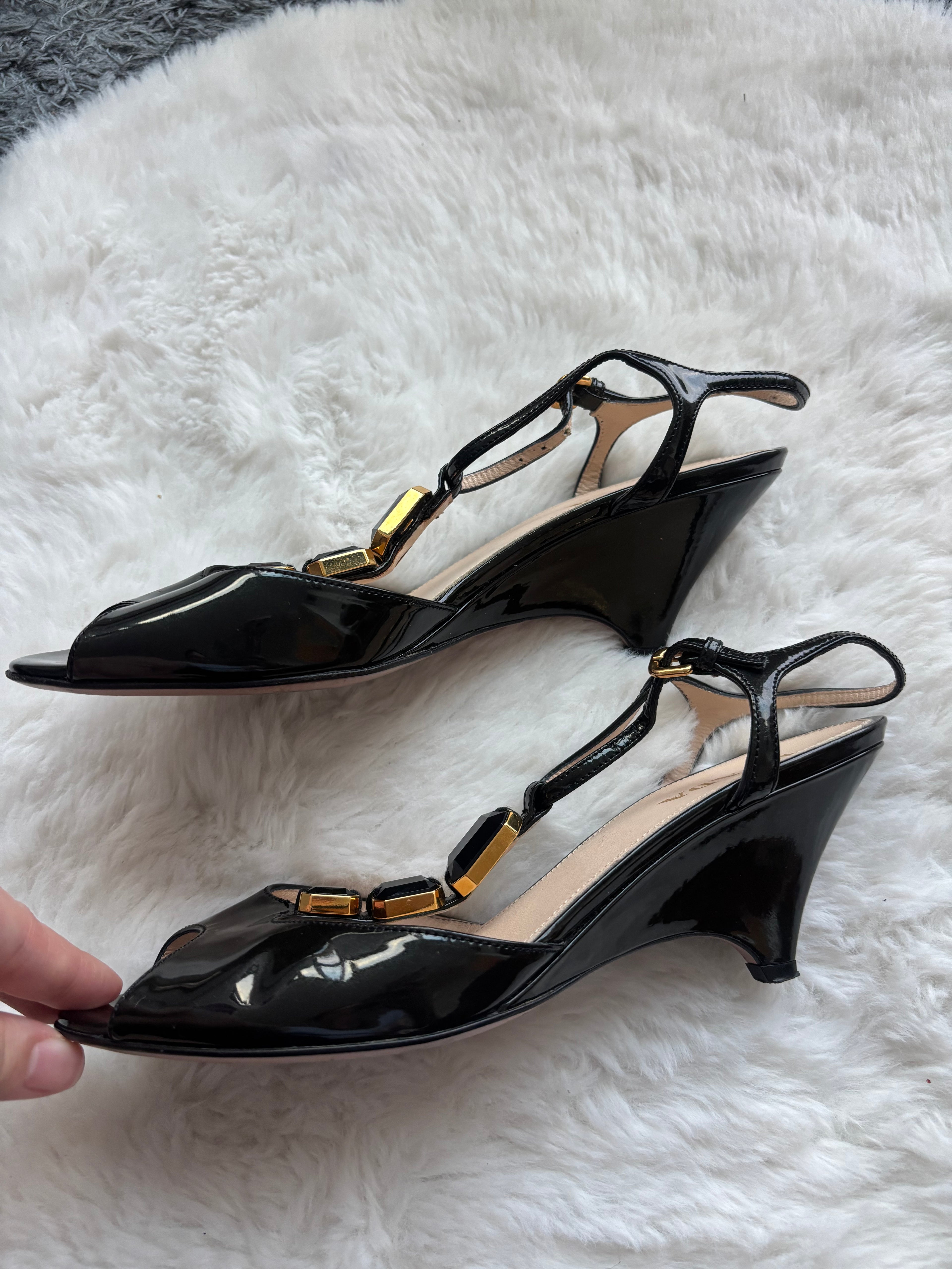 Prada Black Crystal Patent Leather Heels with gold hardware