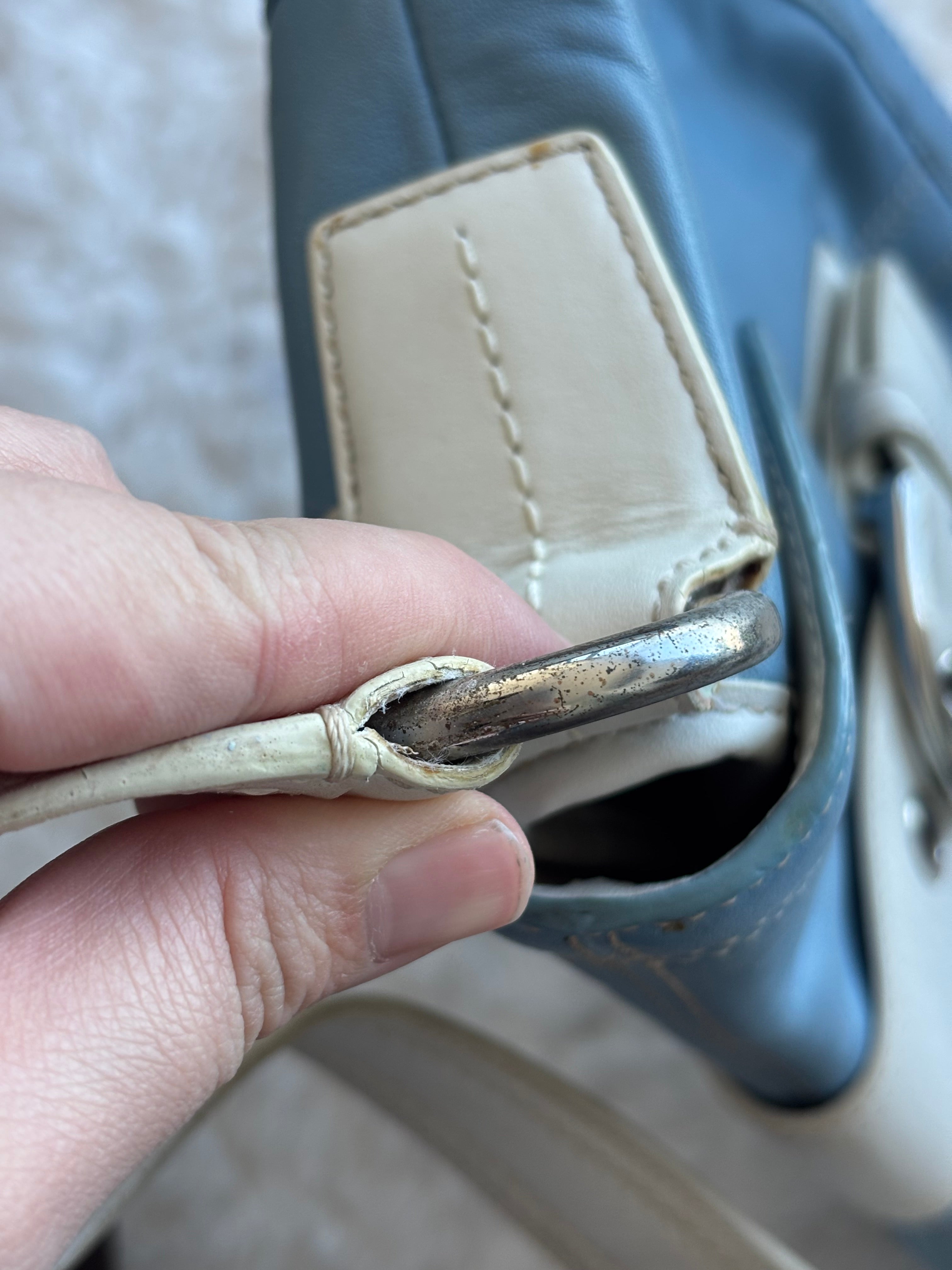 Vintage Coach Baby Blue & white soho leather handbag with silver buckle