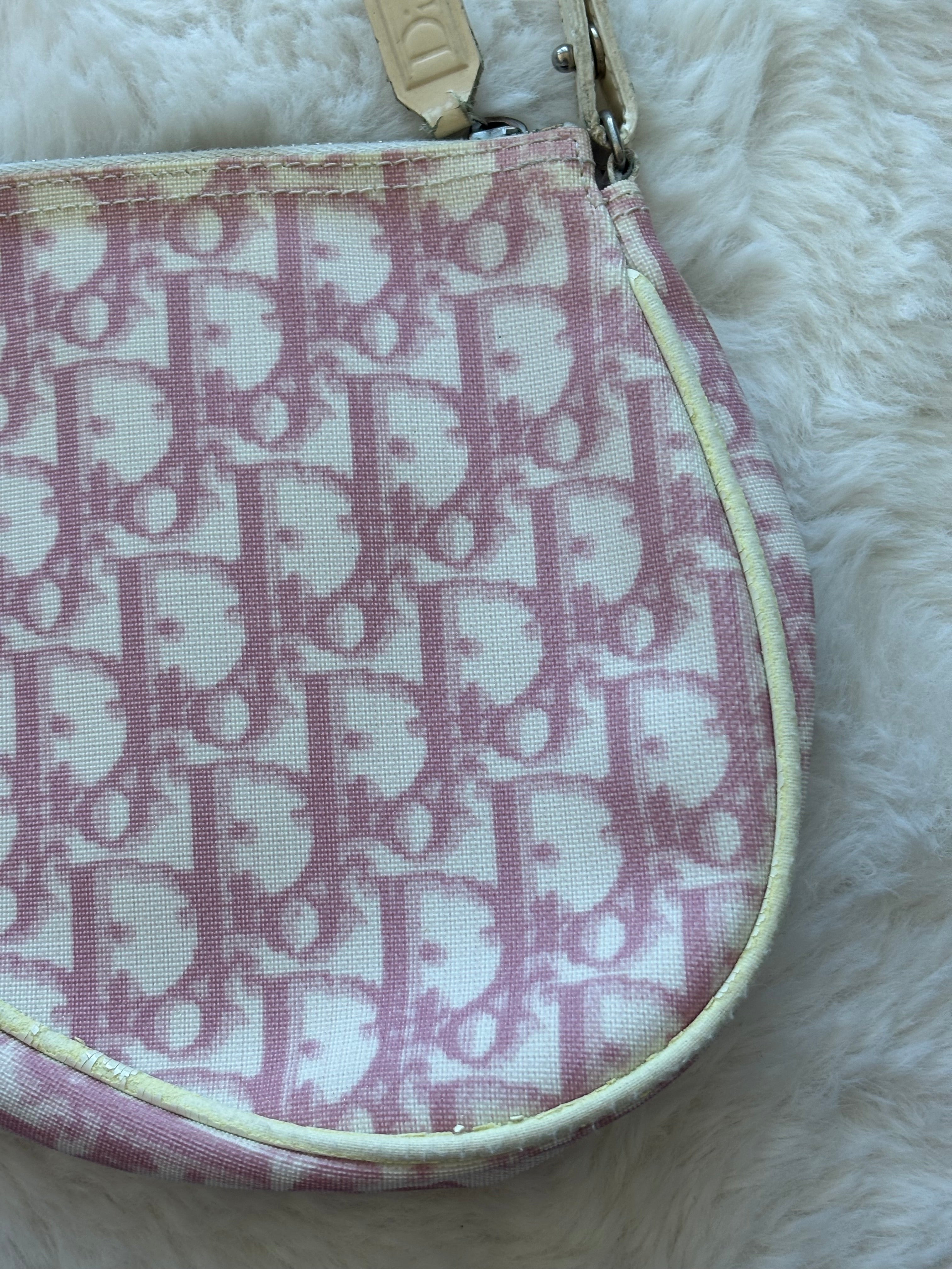 Vintage Christian Dior Classic Pink & White Monogram Saddle Pochette Bag