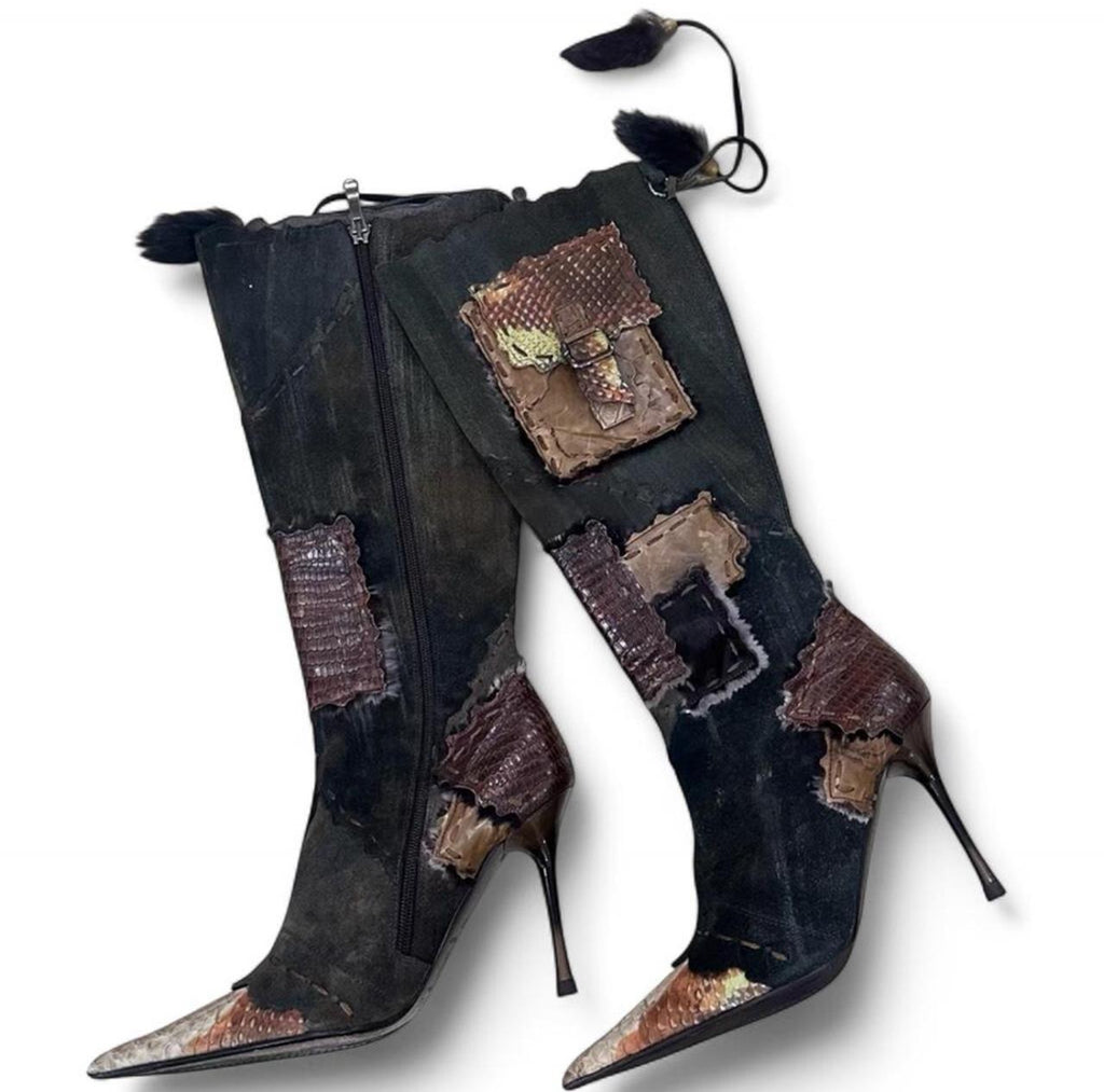 El Dante Extremely Rare Brown and Black Suede & Snake Skin Leather Patchwork Boots