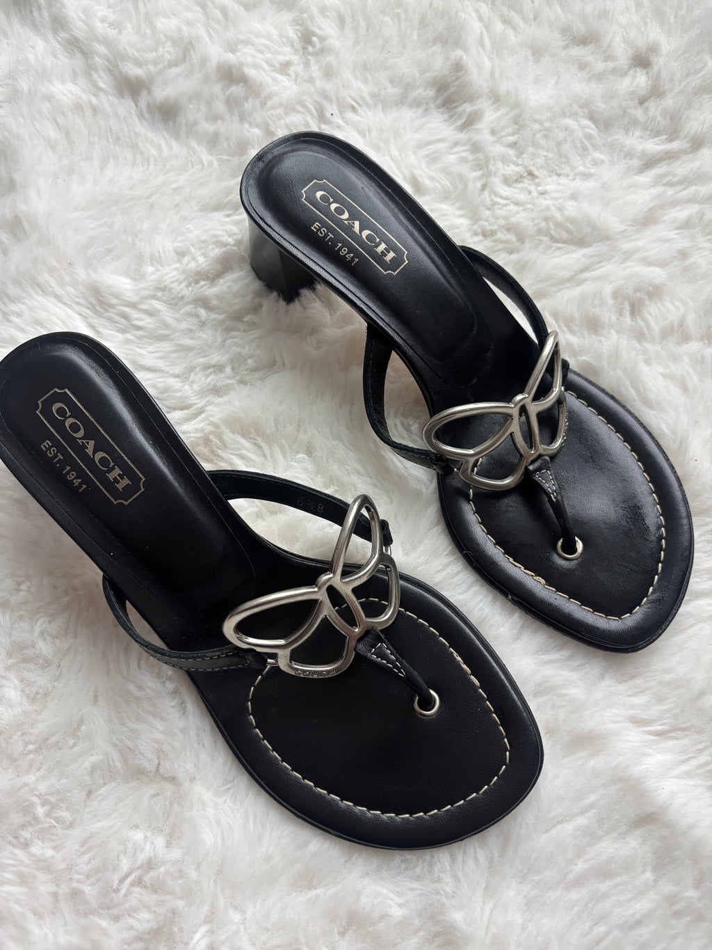 Rare Vintage Coach 1941 Silver Butterfly Black leather sandals size 36.5 B