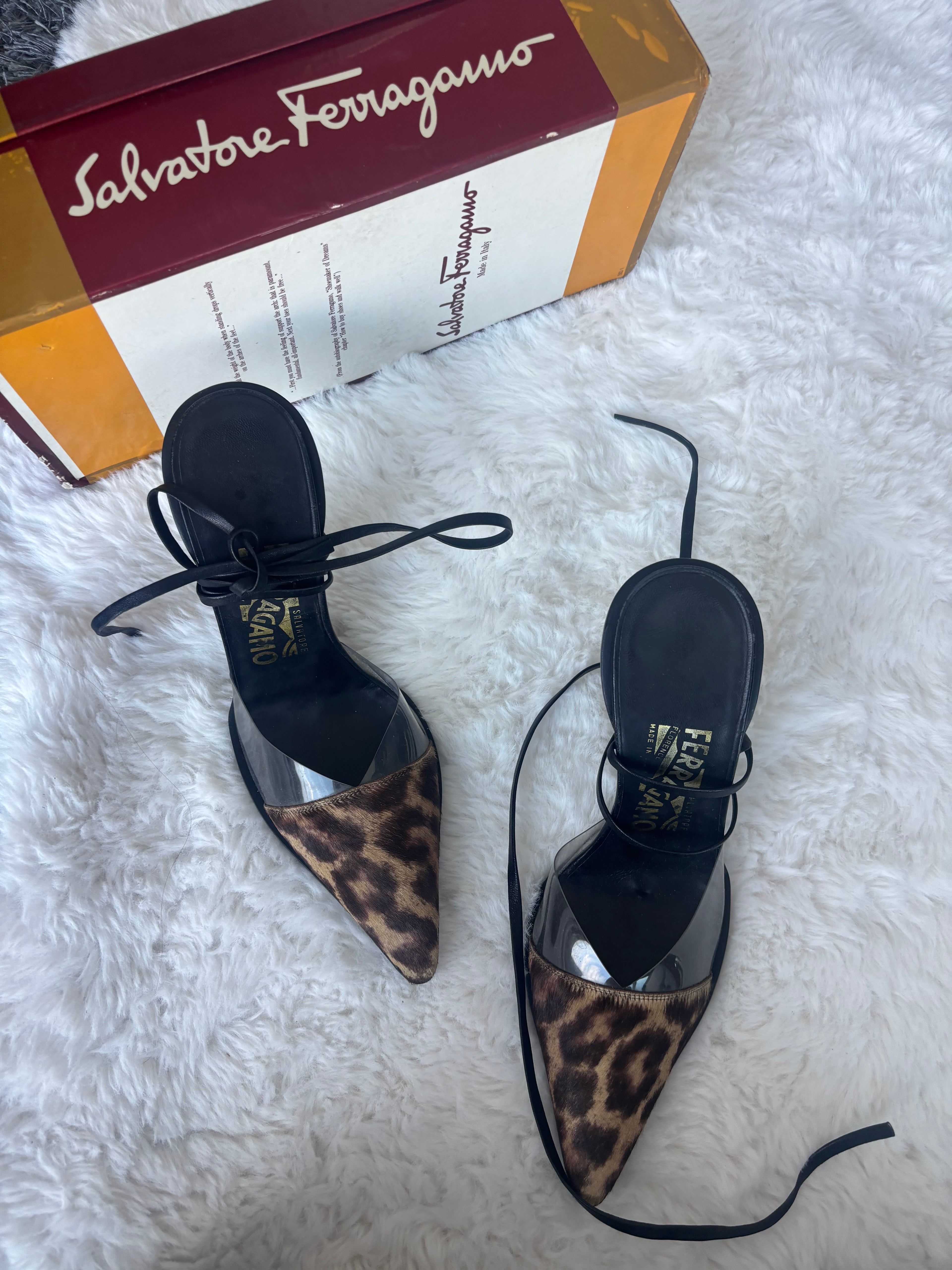 Vintage Salvatore Ferragamo 2000s leopard print pony hair heels Size 37.5