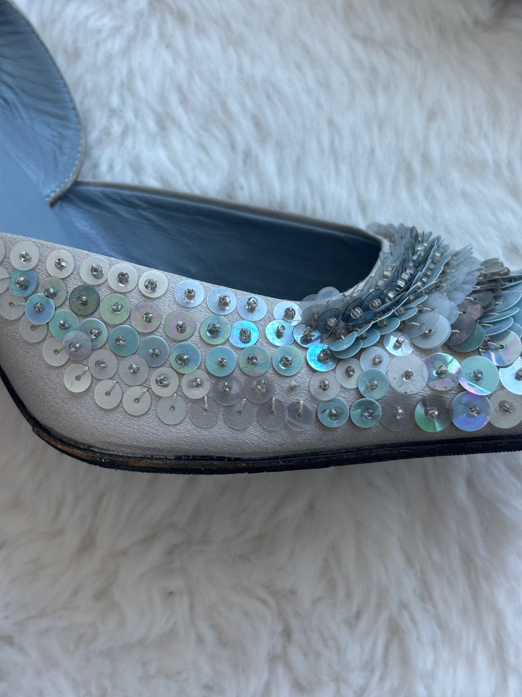 Prada 1999 FW Bluish Silver Ombre Sequin Slingback Heels in satin Size 36/37