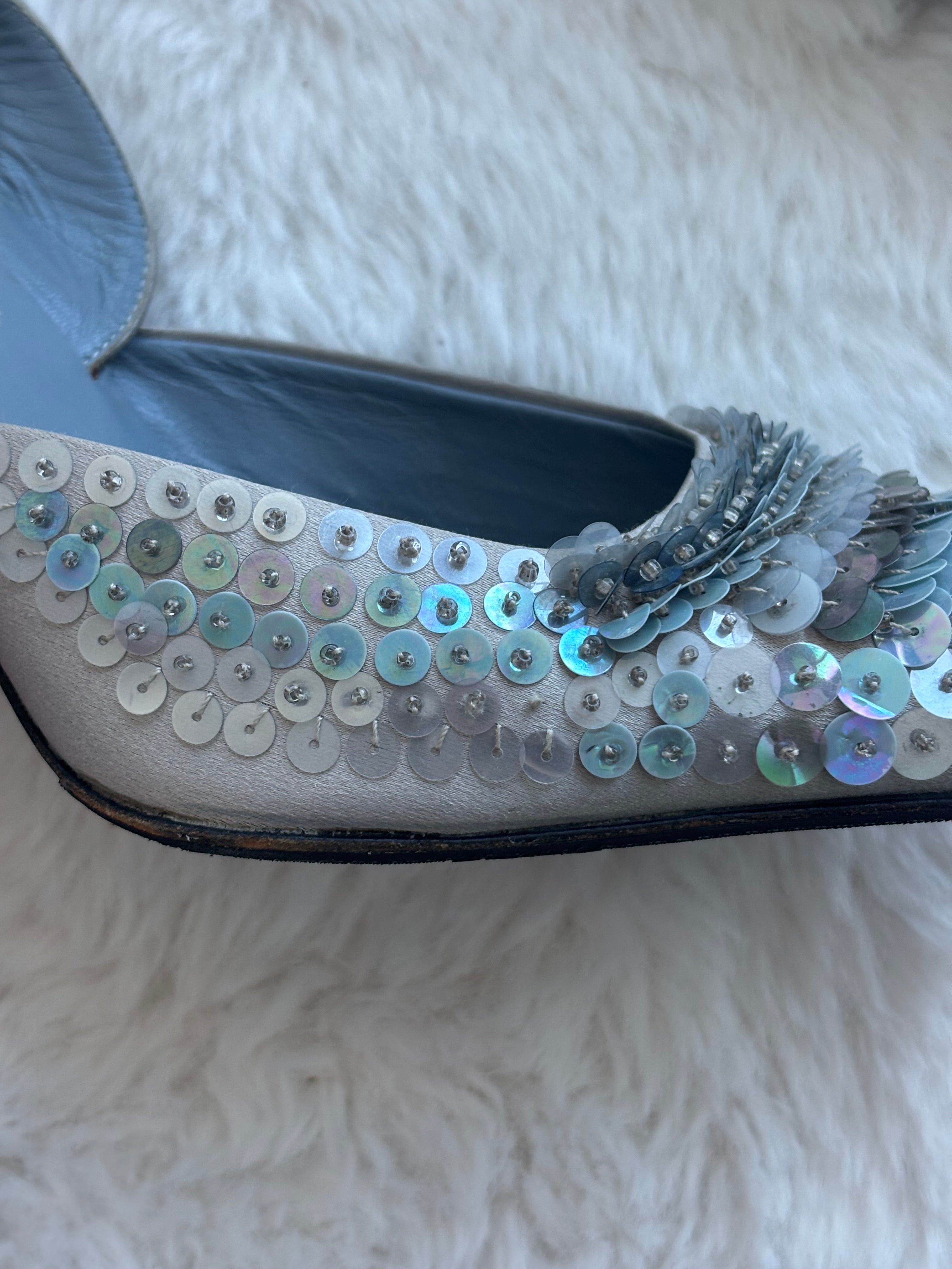Prada 1999 FW Bluish Silver Ombre Sequin Slingback Heels in satin Size 36/37