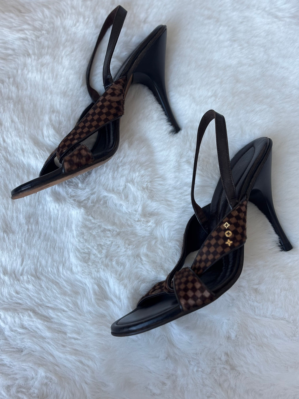 Louis Vuitton Damier Ebene Print Pony hair Slingback Sandals