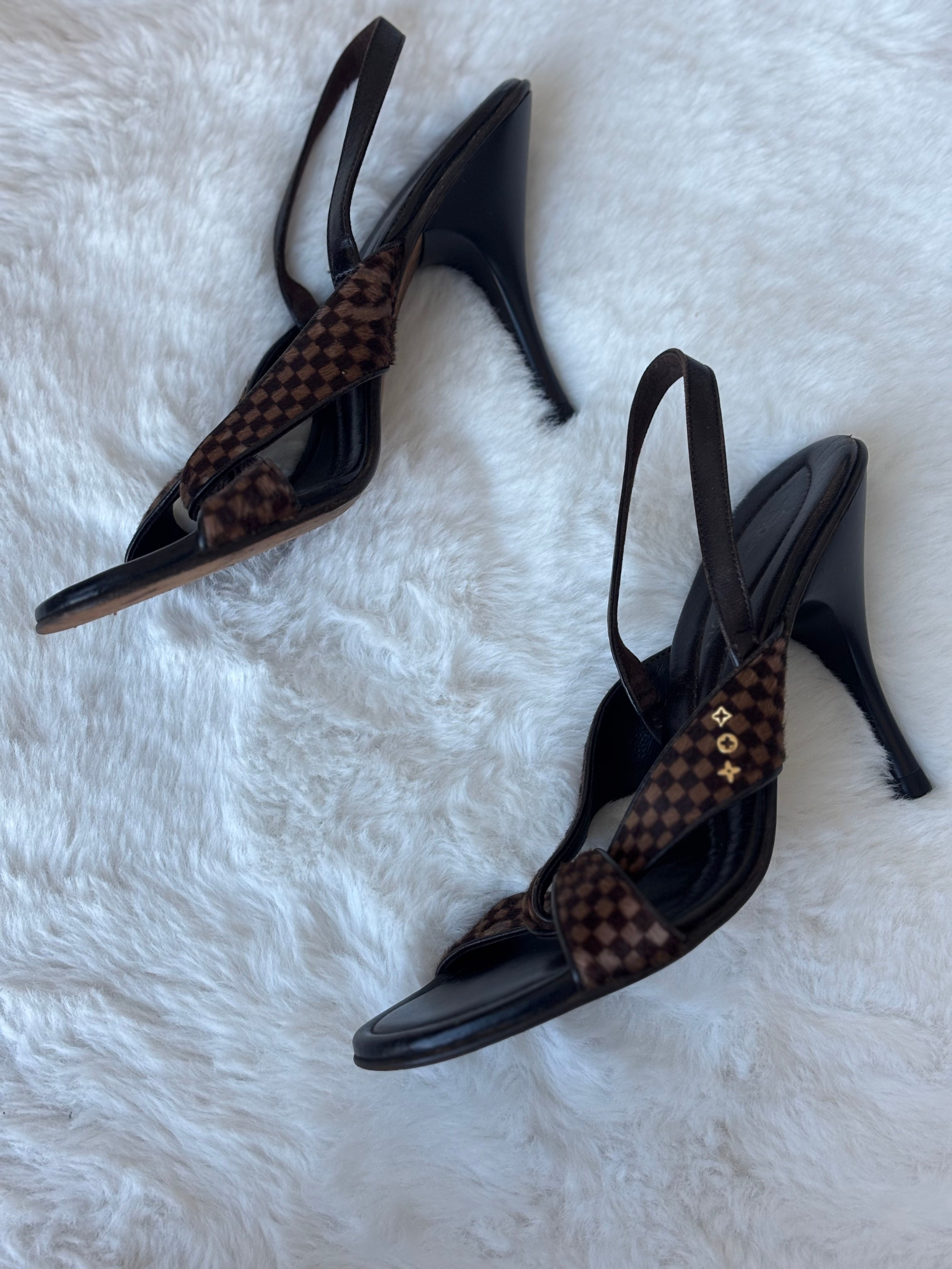 Louis Vuitton Damier Ebene Print Pony hair Slingback Sandals