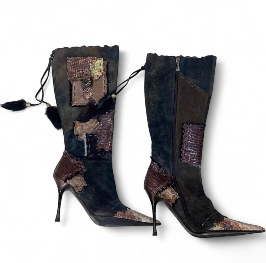 El Dante Extremely Rare Brown and Black Suede & Snake Skin Leather Patchwork Boots