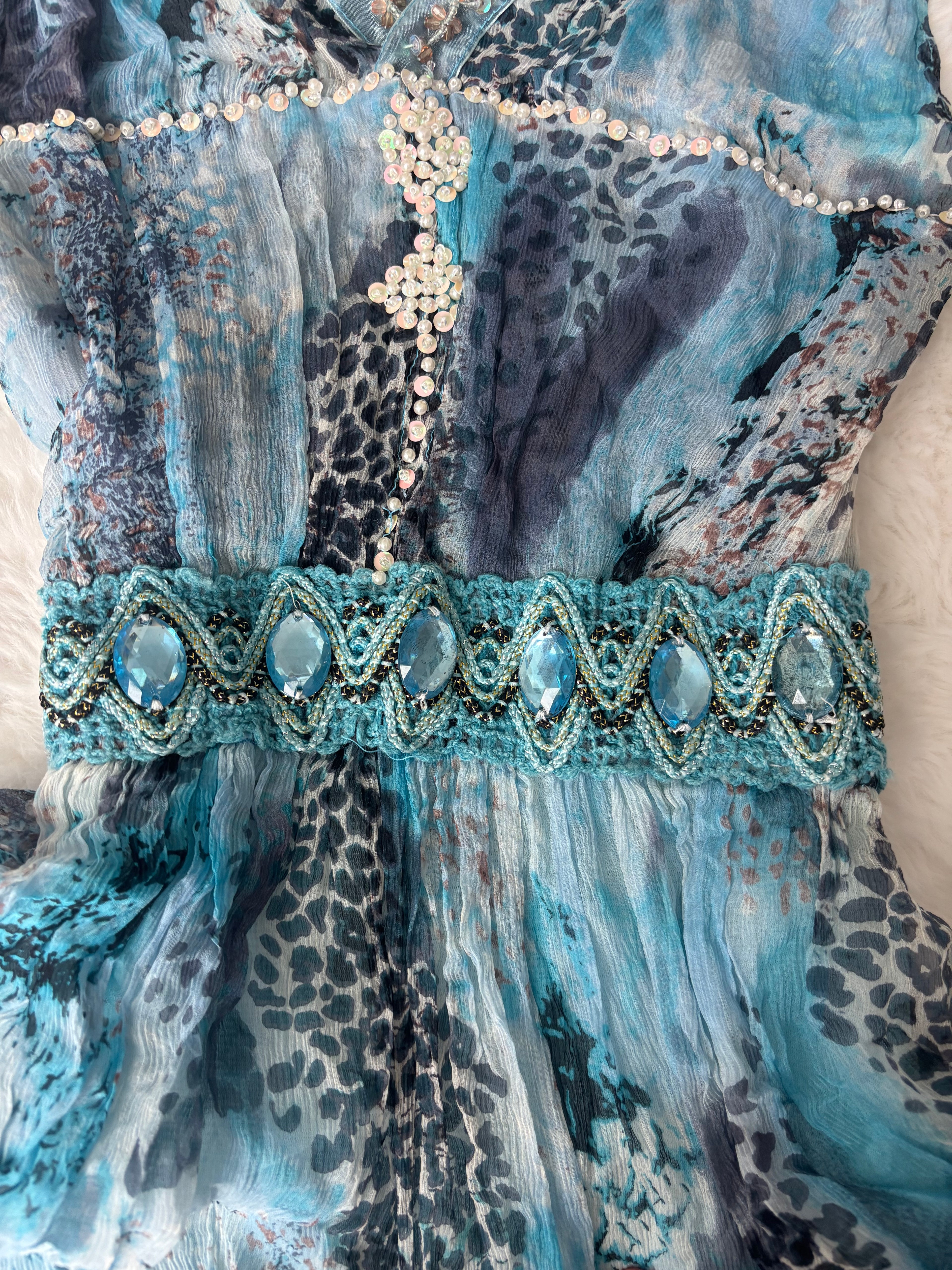 Vintage Handmade Blue and Black Leopard Print Ocean theme Silk Dress with crystal and beaded details
