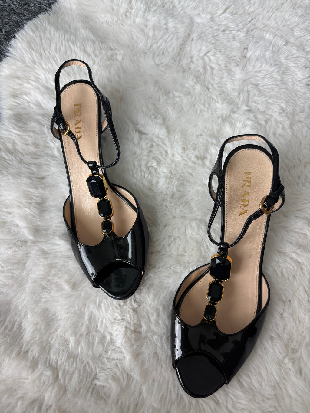 Prada Black Crystal Patent Leather Heels with gold hardware