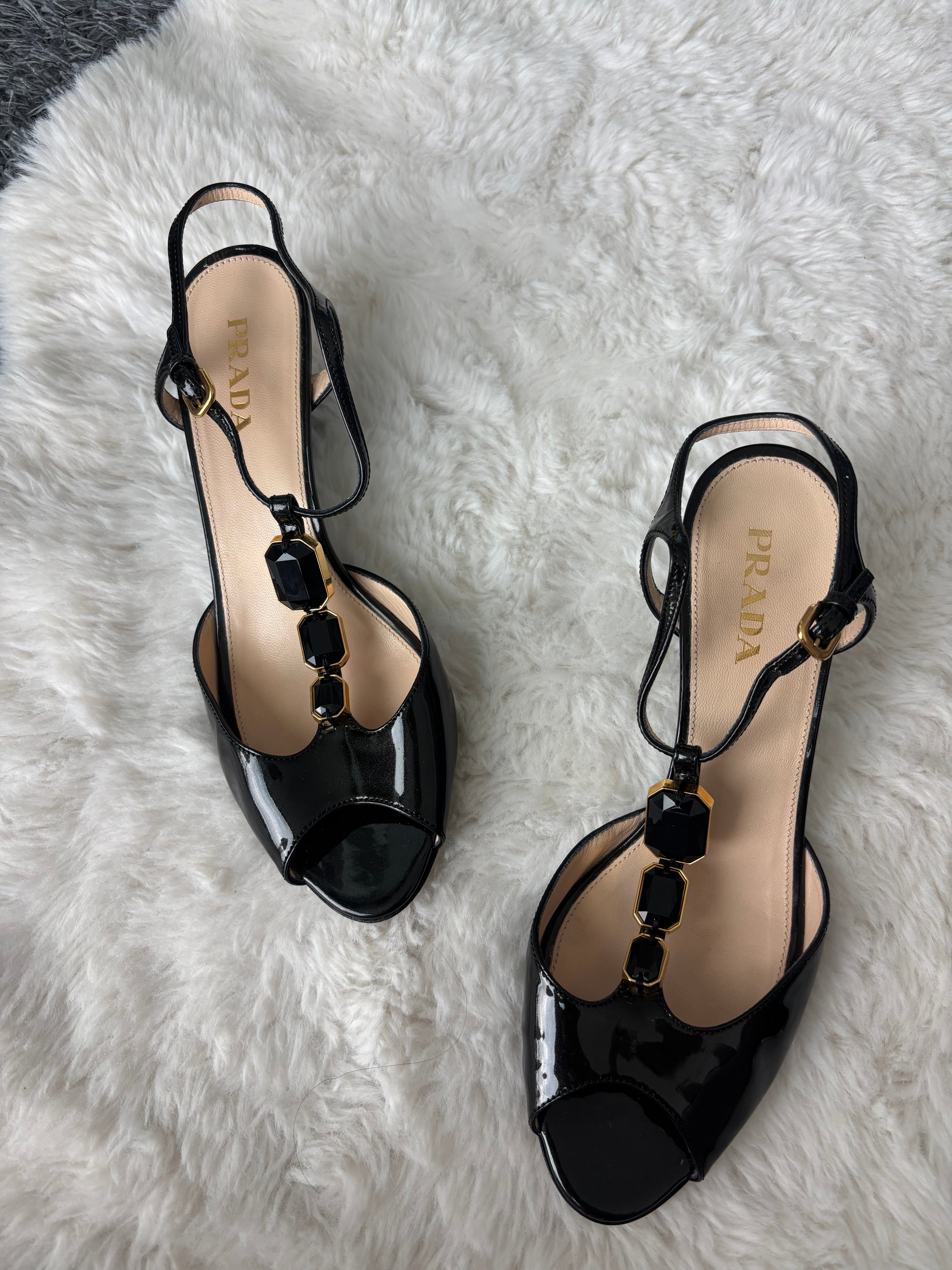 Prada Black Crystal Patent Leather Heels with gold hardware