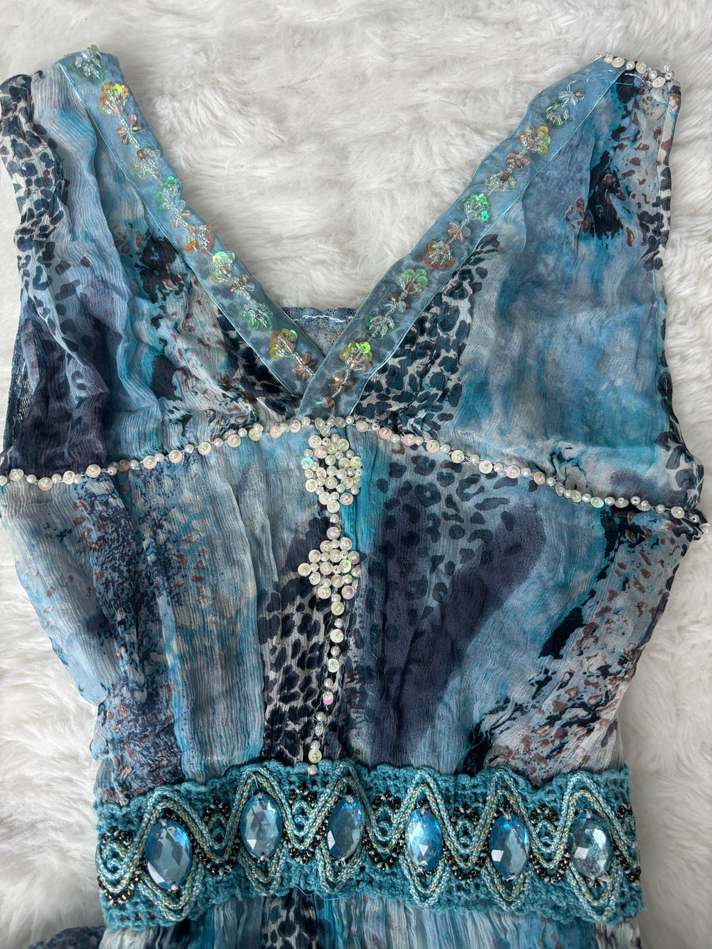 Vintage Handmade Blue and Black Leopard Print Ocean theme Silk Dress with crystal and beaded details