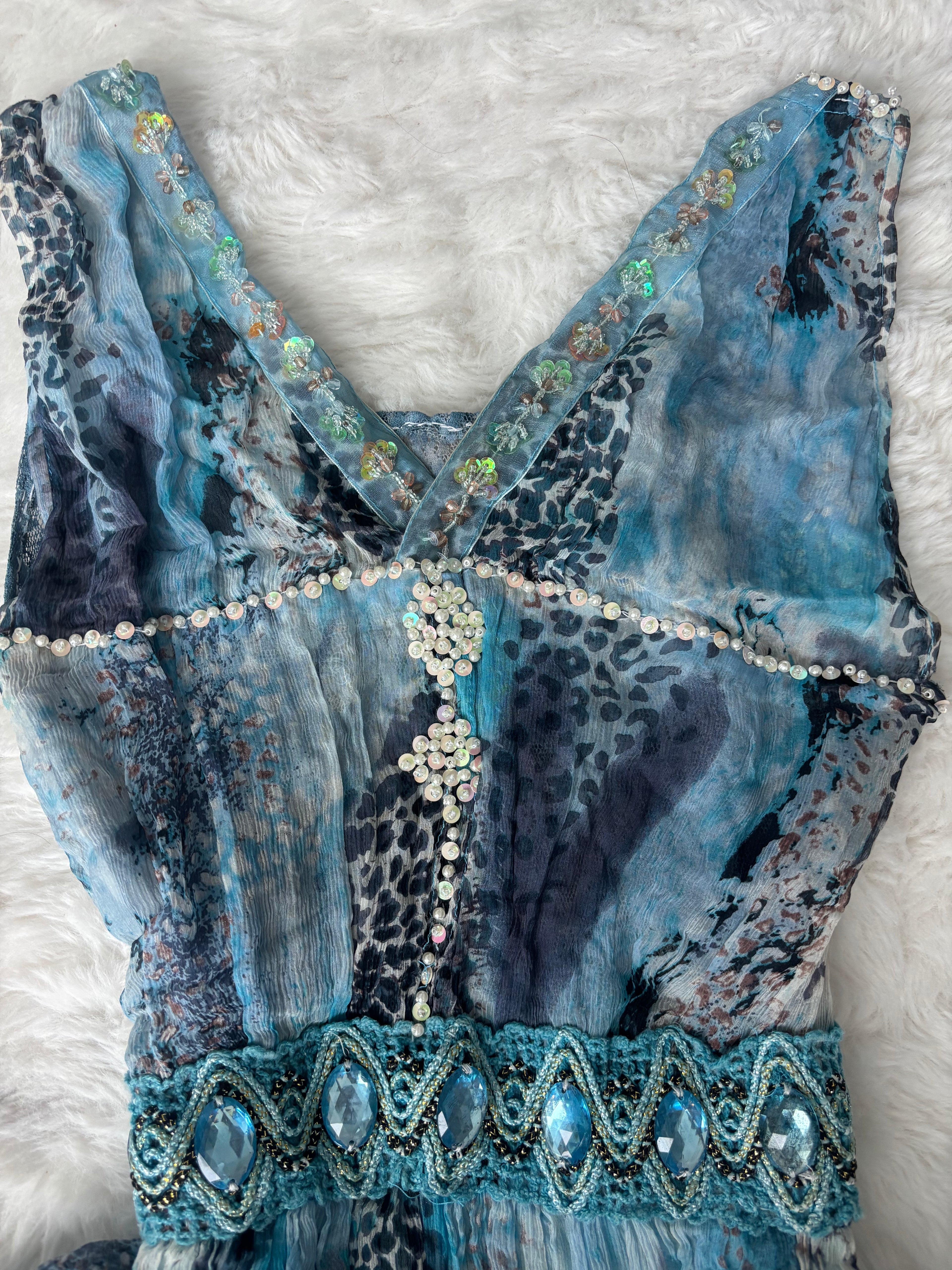 Vintage Handmade Blue and Black Leopard Print Ocean theme Silk Dress with crystal and beaded details