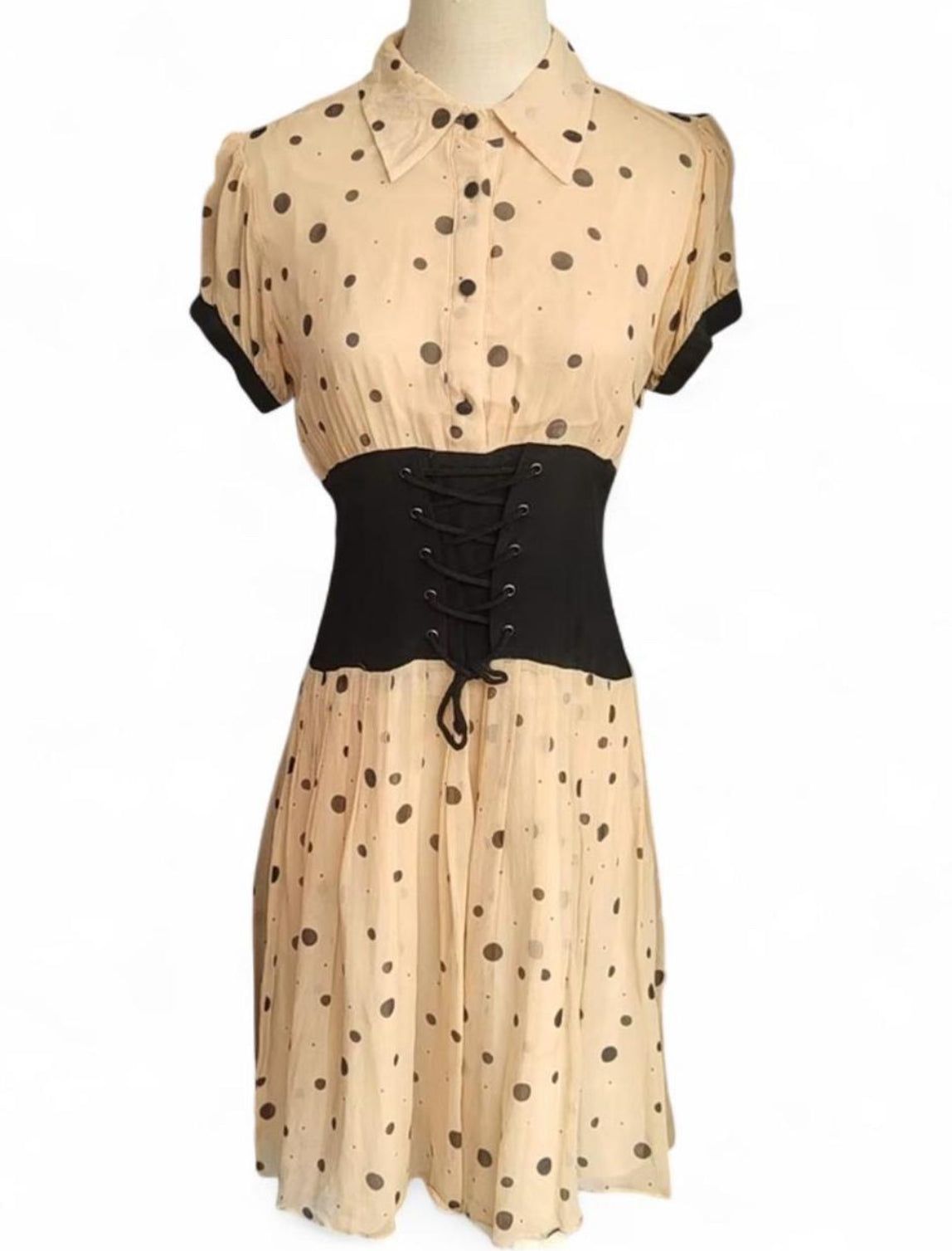 Vintage Chloé Beige Polka Dot Silk Dress with Corset Design