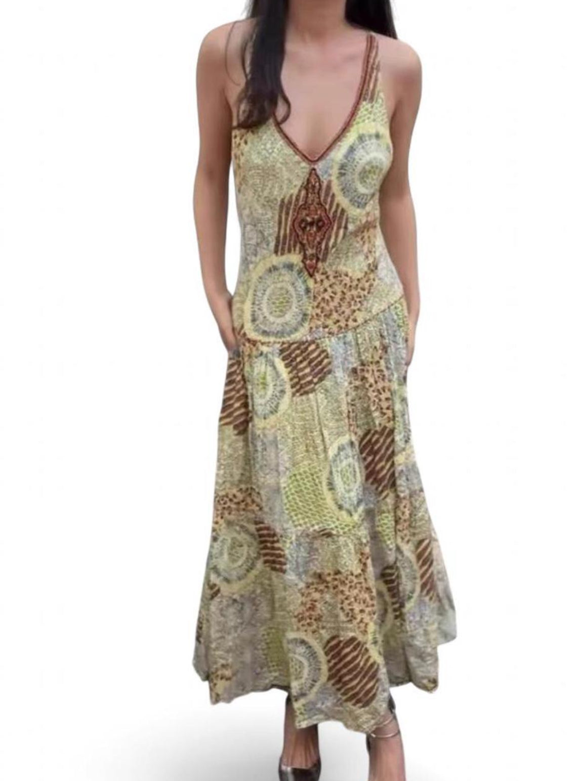 Vintage René Derhy yellow and green boho maxi dress with floral pattern