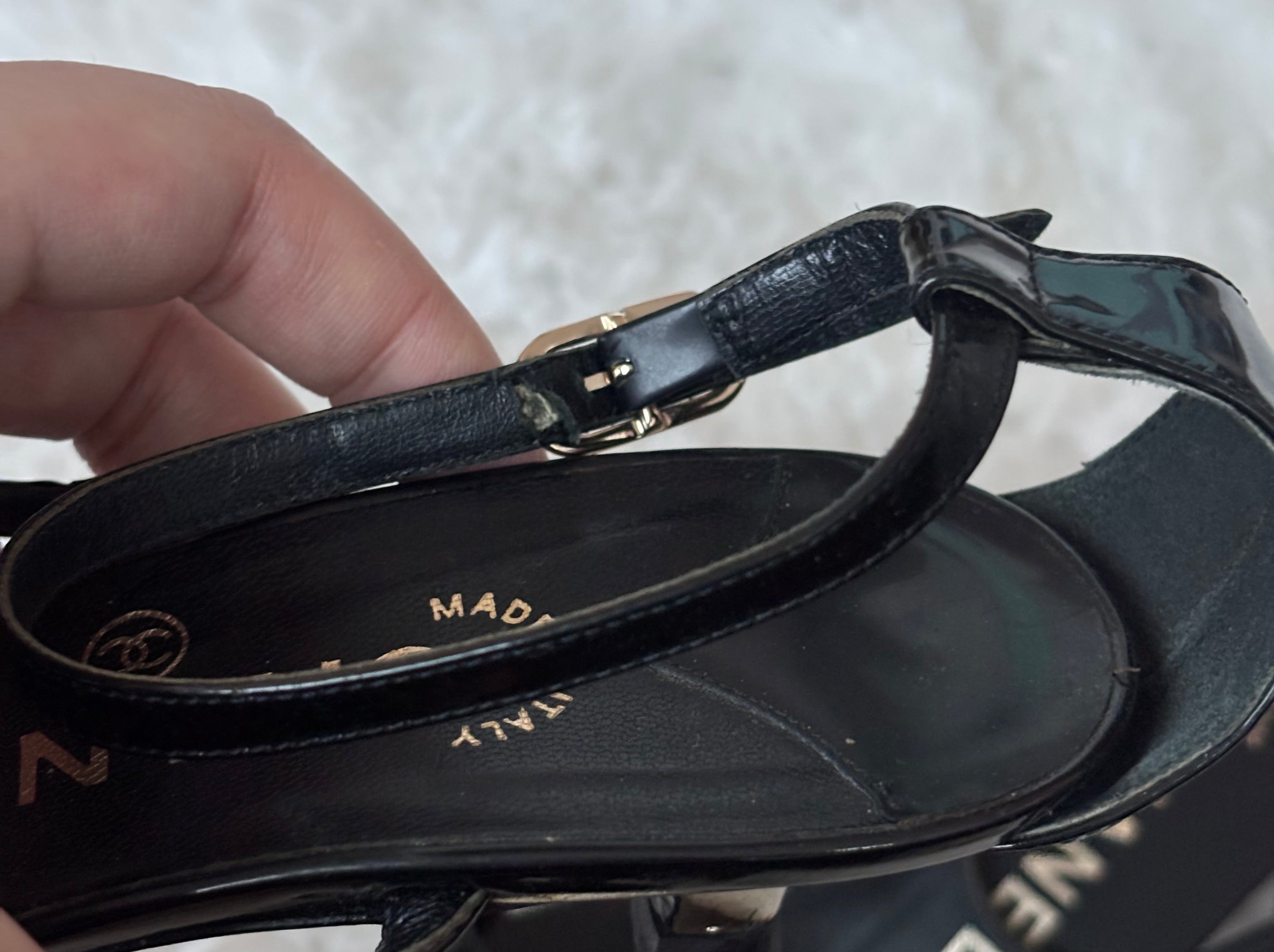 Chanel Black Patent Leather Sandals with CC Logo Gold Hardware Size 36C