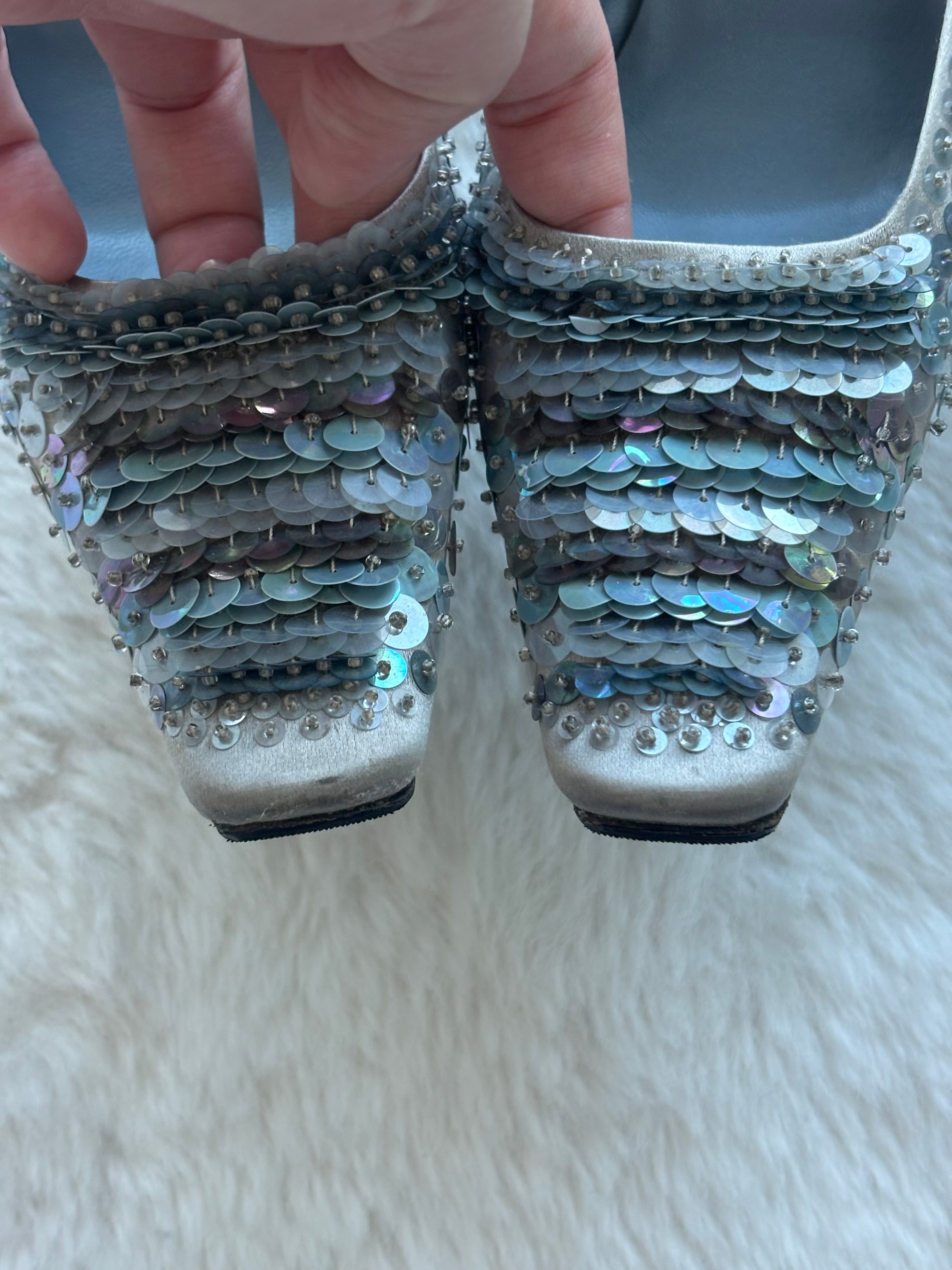 Prada 1999 FW Bluish Silver Ombre Sequin Slingback Heels in satin Size 36/37