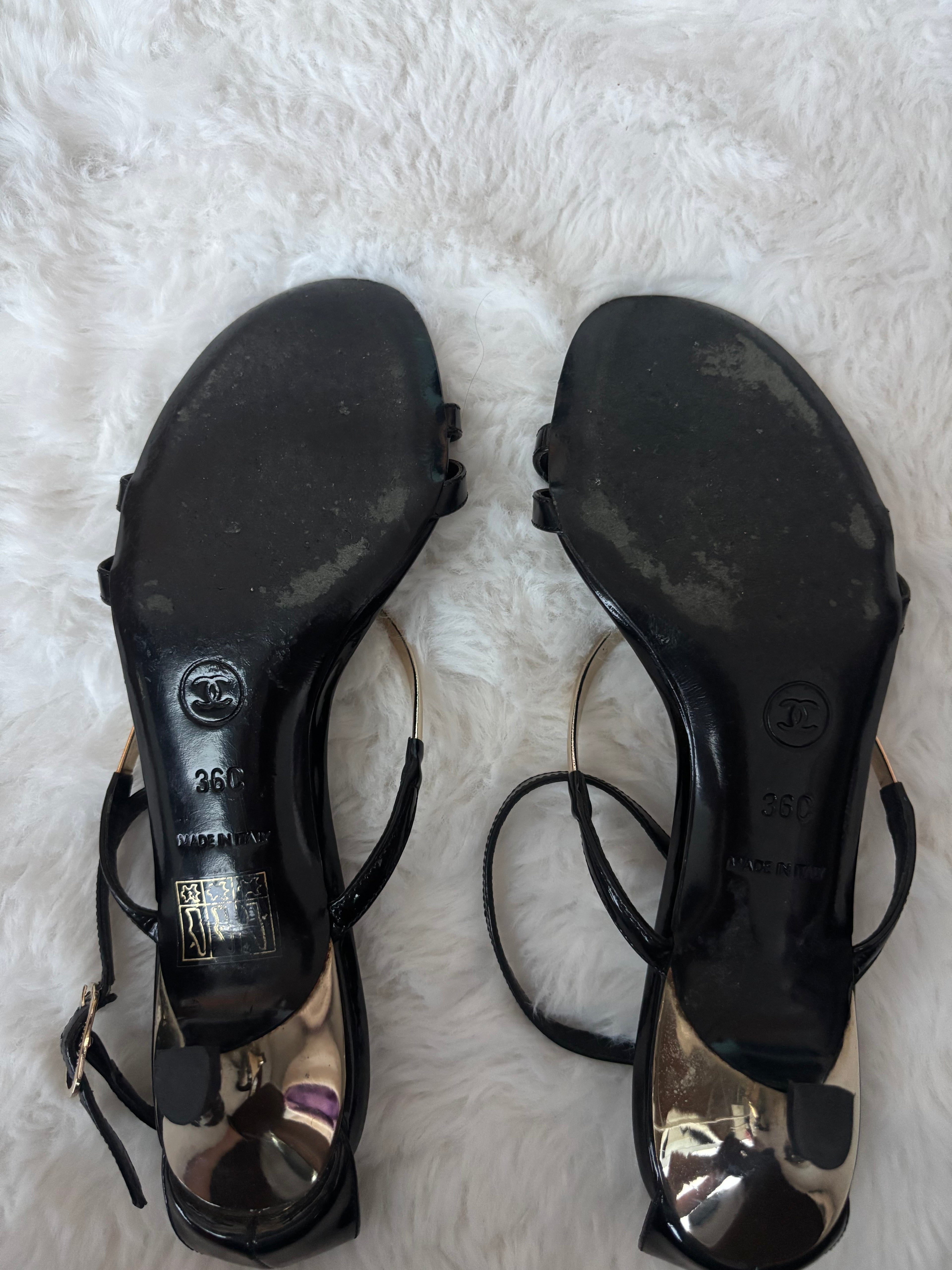 Chanel Black Patent Leather Sandals with CC Logo Gold Hardware Size 36C