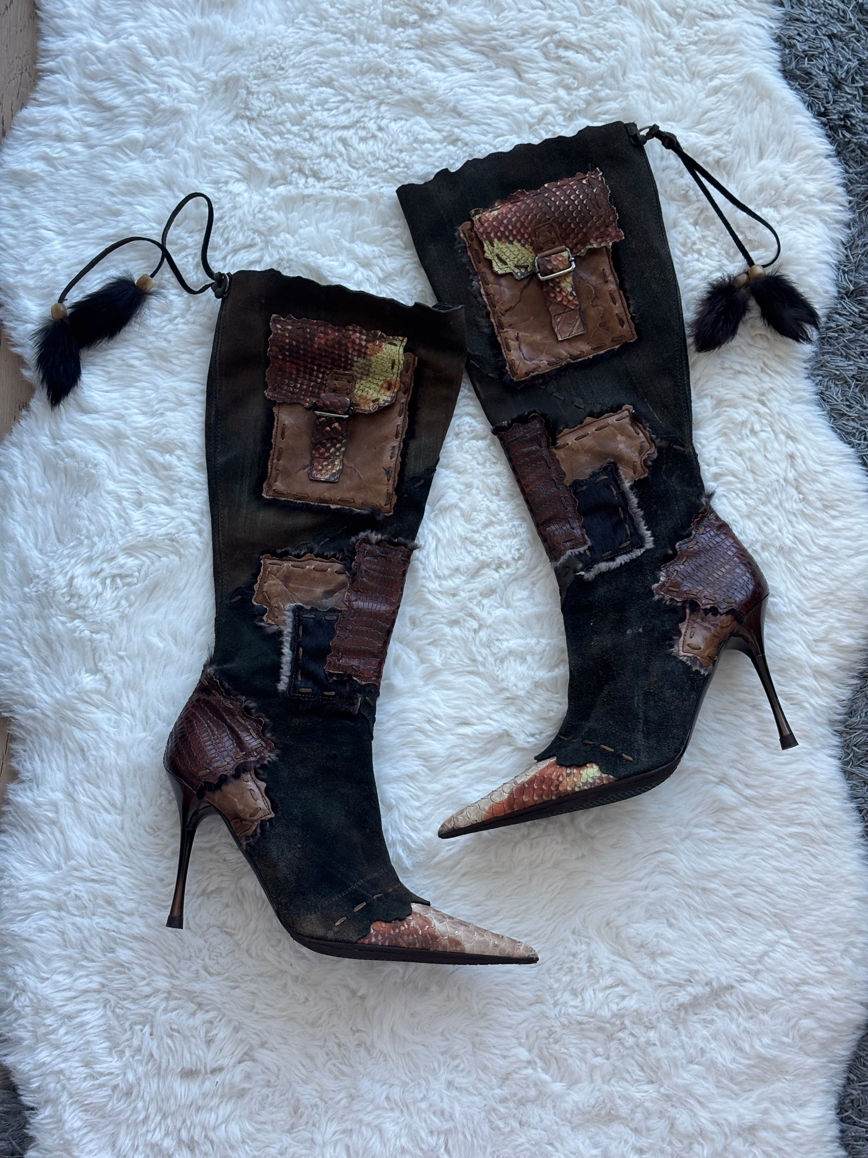 El Dante Extremely Rare Brown and Black Suede & Snake Skin Leather Patchwork Boots Size 37