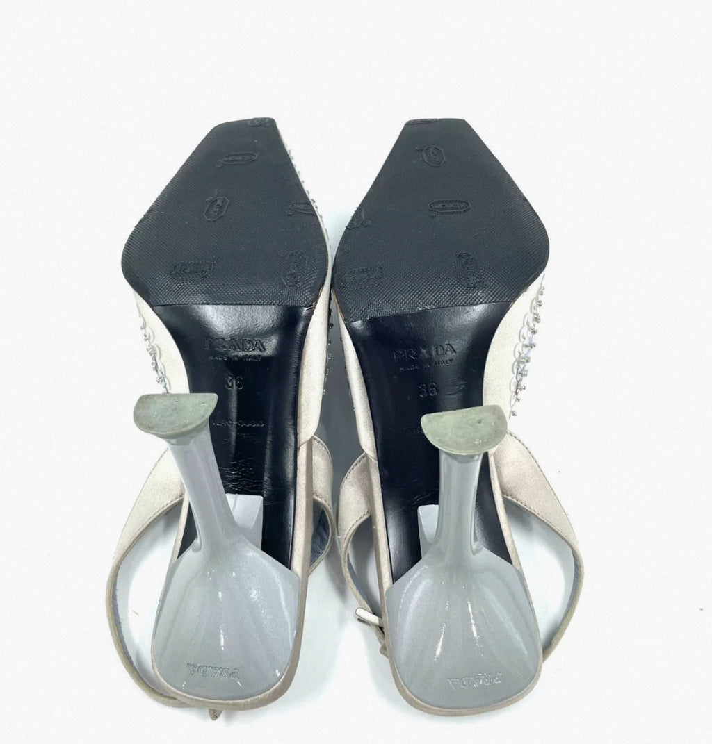 Prada 1999 FW Bluish Silver Ombre Sequin Slingback Heels in satin