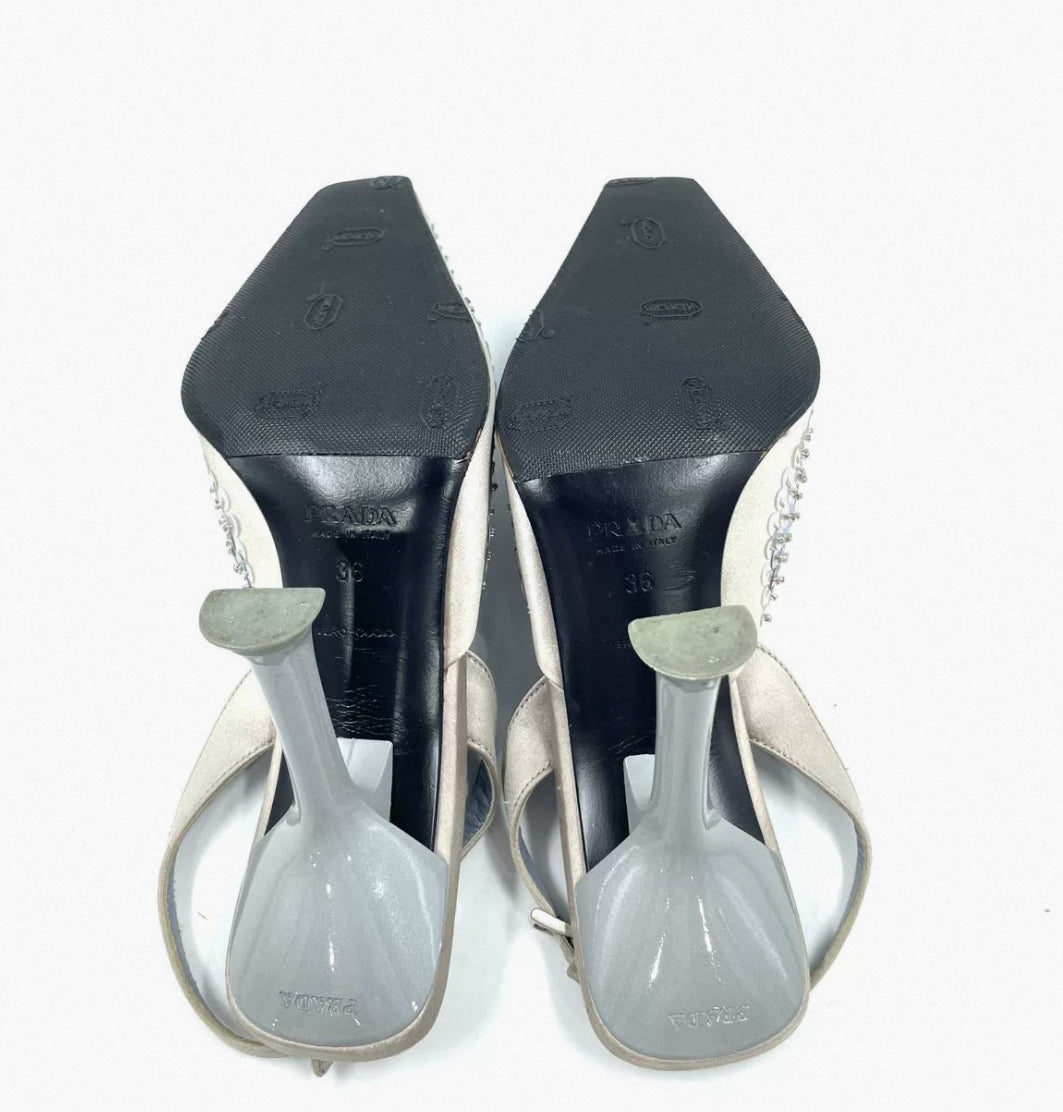 Prada 1999 FW Bluish Silver Ombre Sequin Slingback Heels in satin